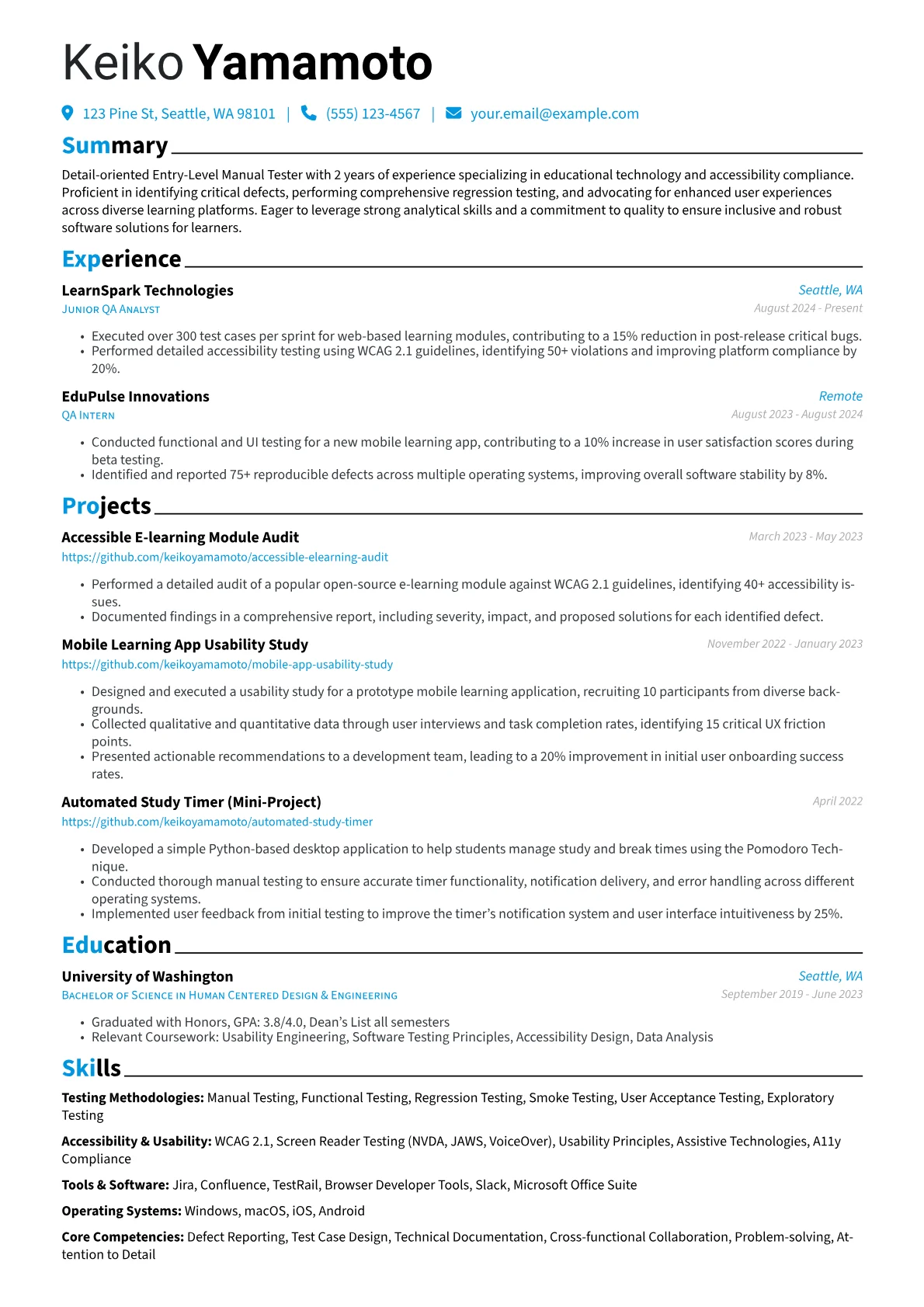 Entry-Level Manual Tester resume example, Entry-Level Manual Tester, page 1