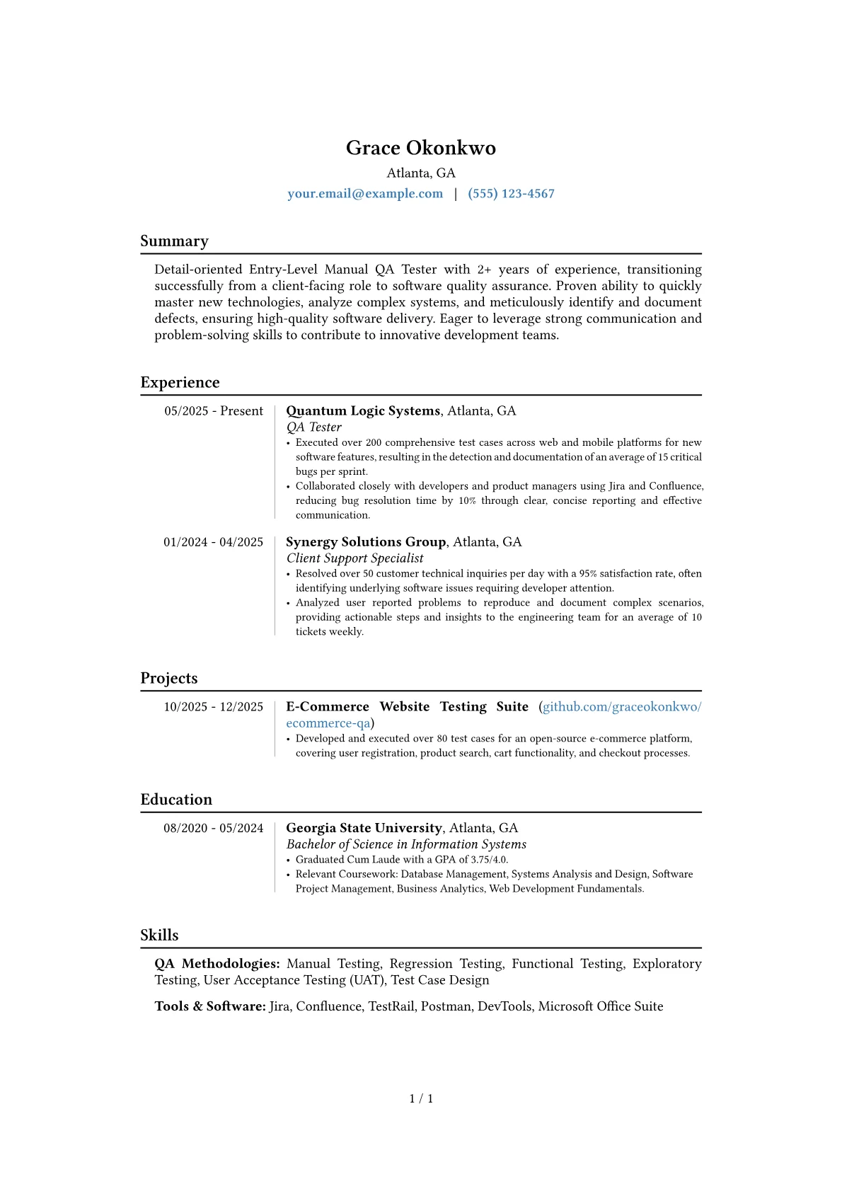 Entry-Level Manual Tester resume example, Career changer, page 1