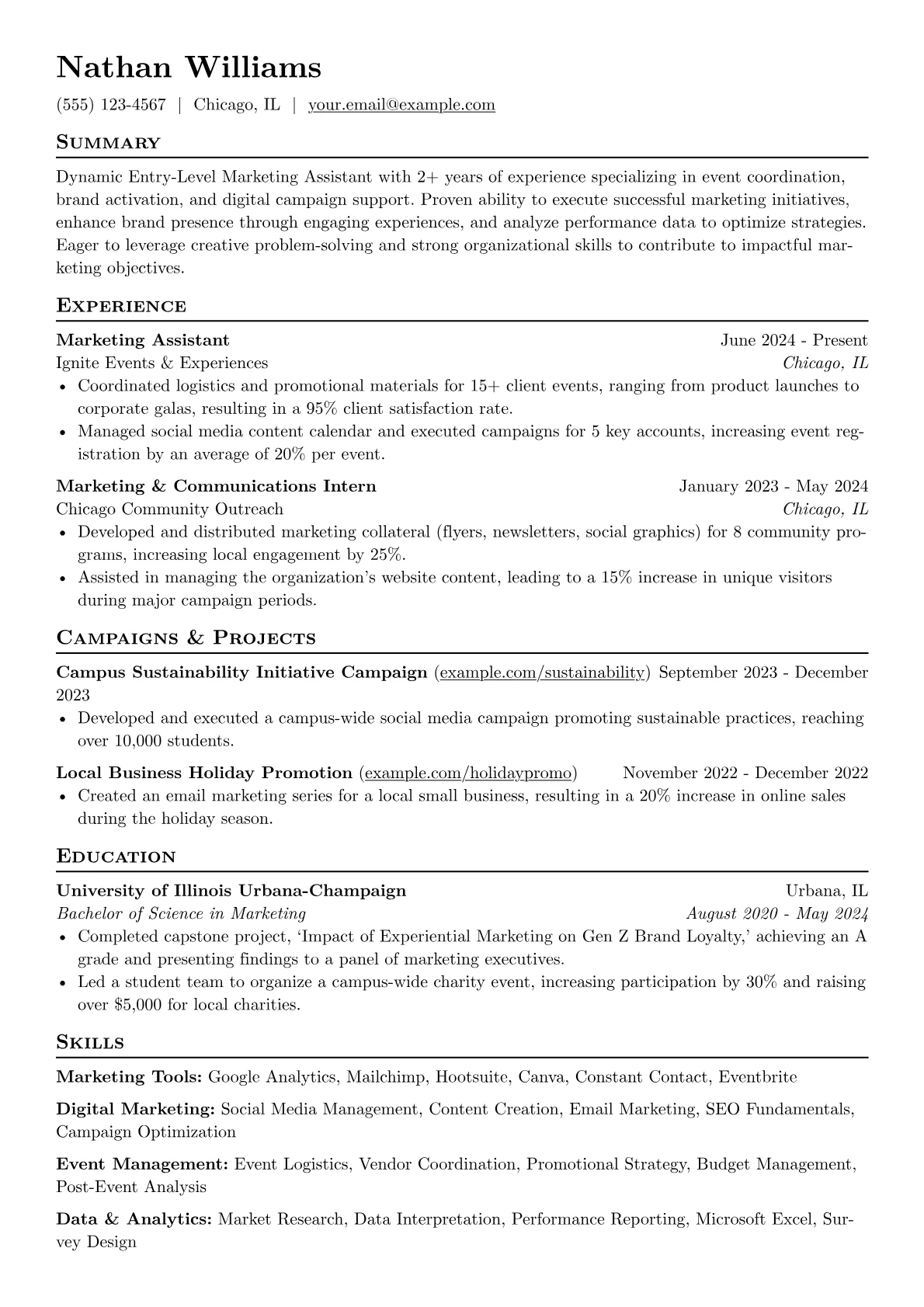 Entry-Level Marketing Assistant resume example, Entry-Level Event, page 1