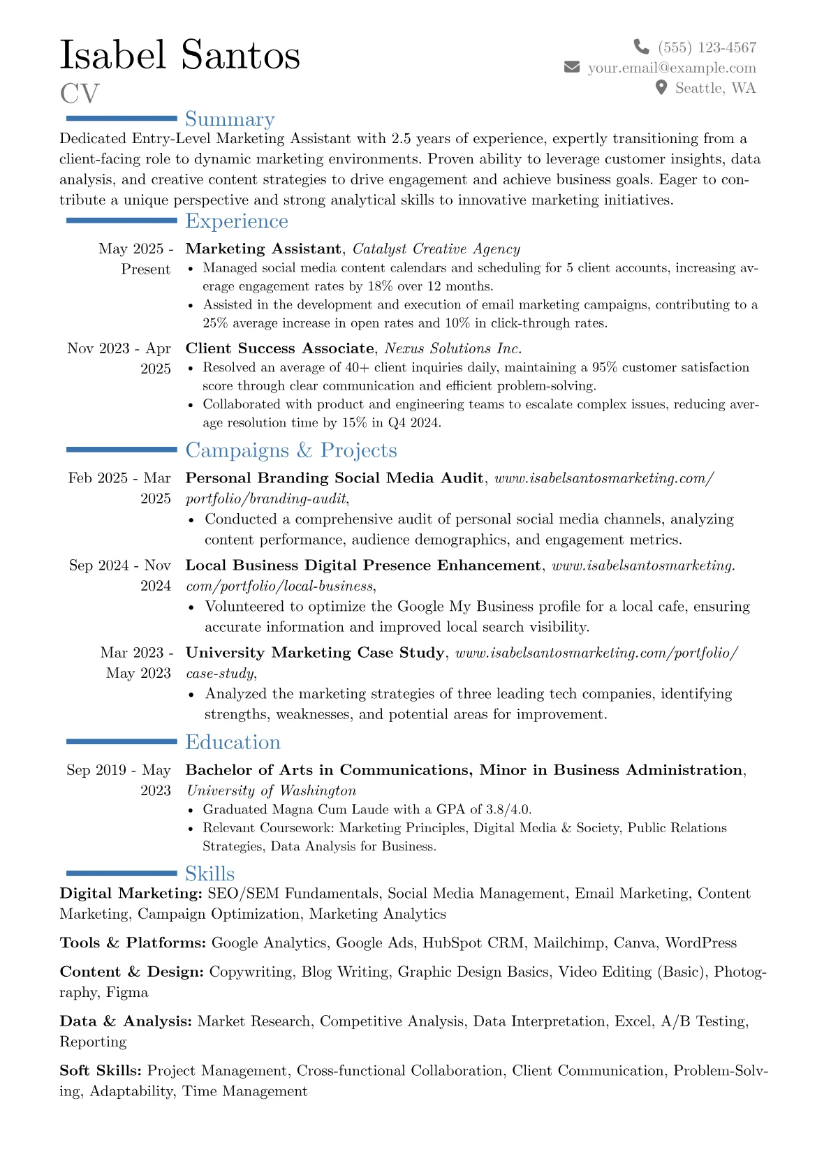 Entry-Level Marketing Assistant resume example, Career changer, page 1