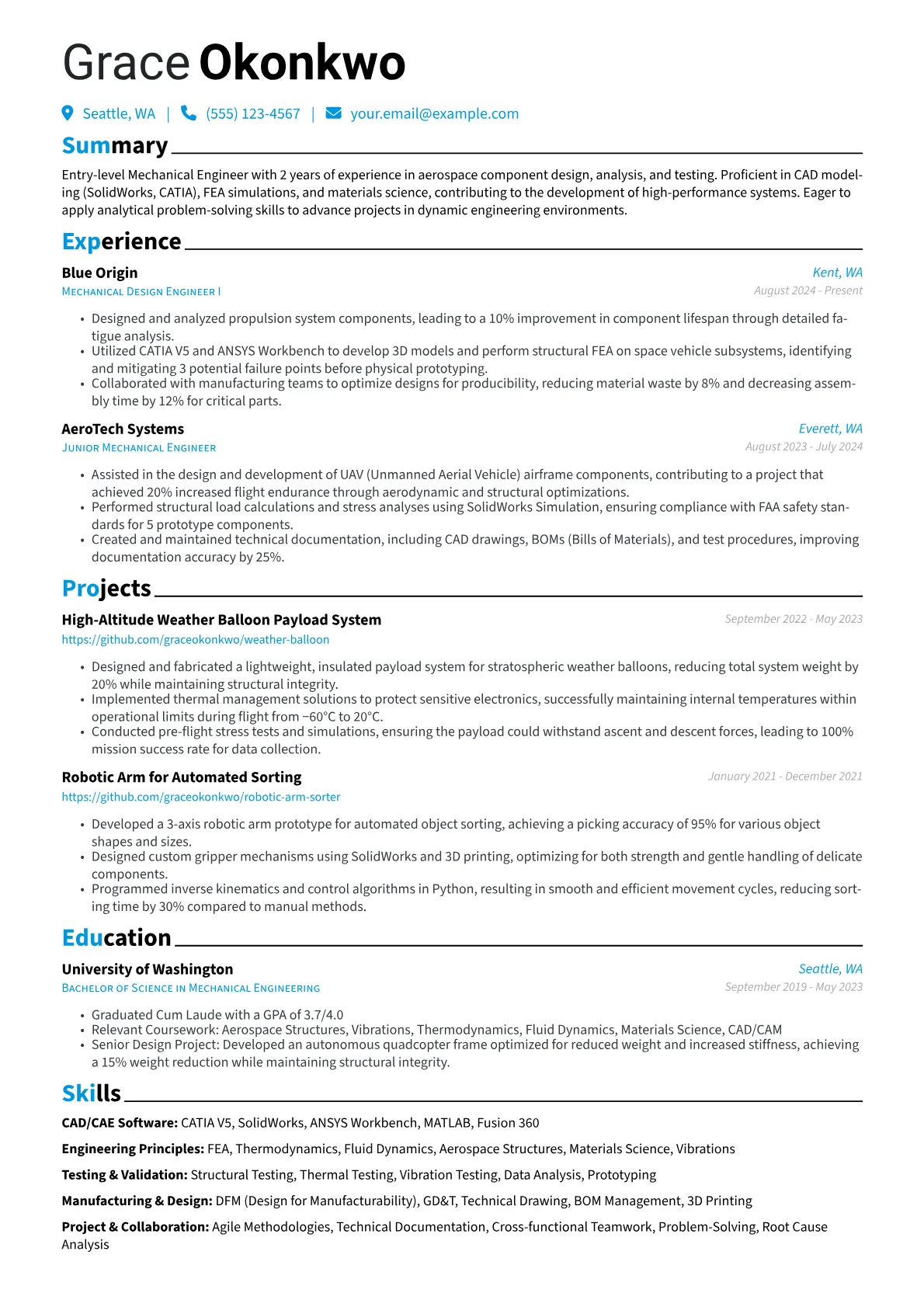 Entry Level Mechanical Engineer resume example, Aerospace Engineer, page 1