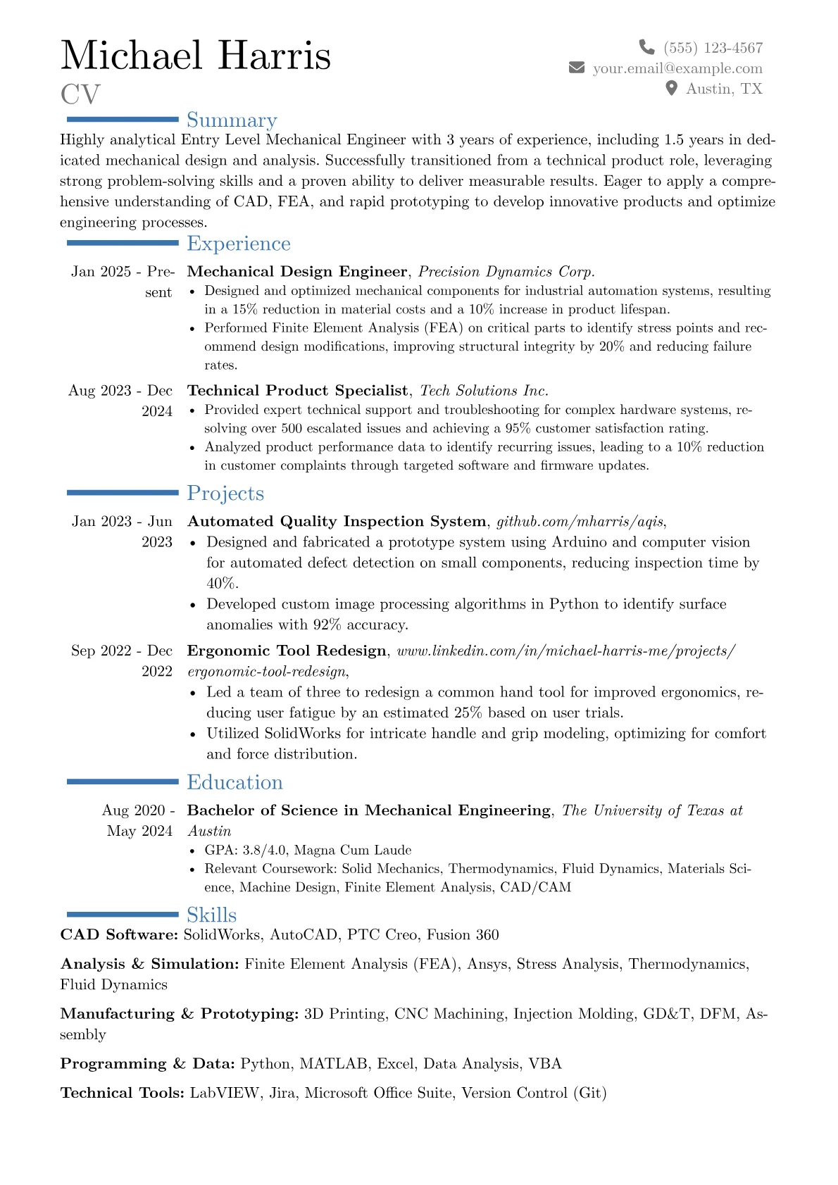 Entry Level Mechanical Engineer resume example, Career changer, page 1