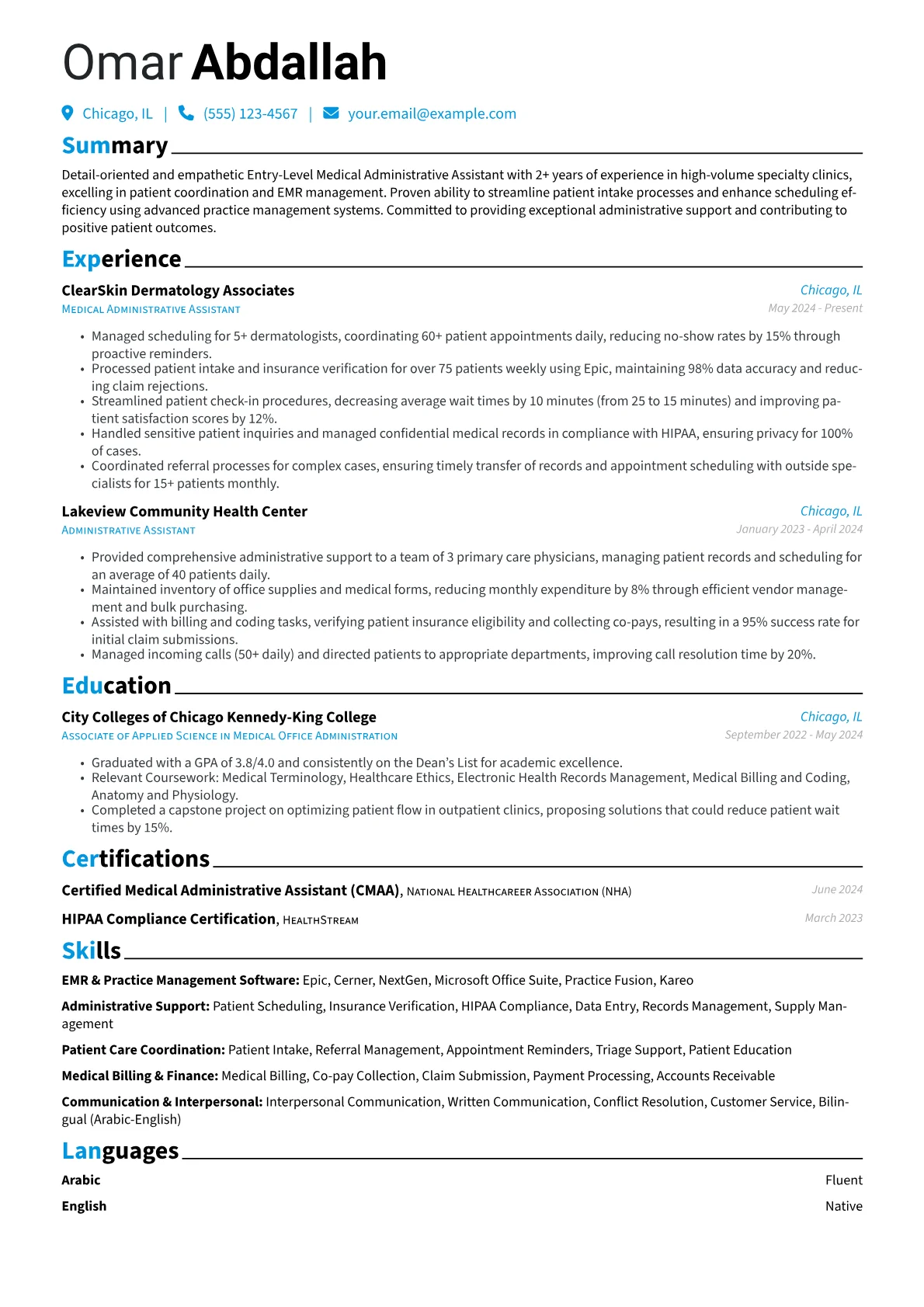 Entry-Level Medical Administrative Assistant resume example, Entry-Level Medical, page 1