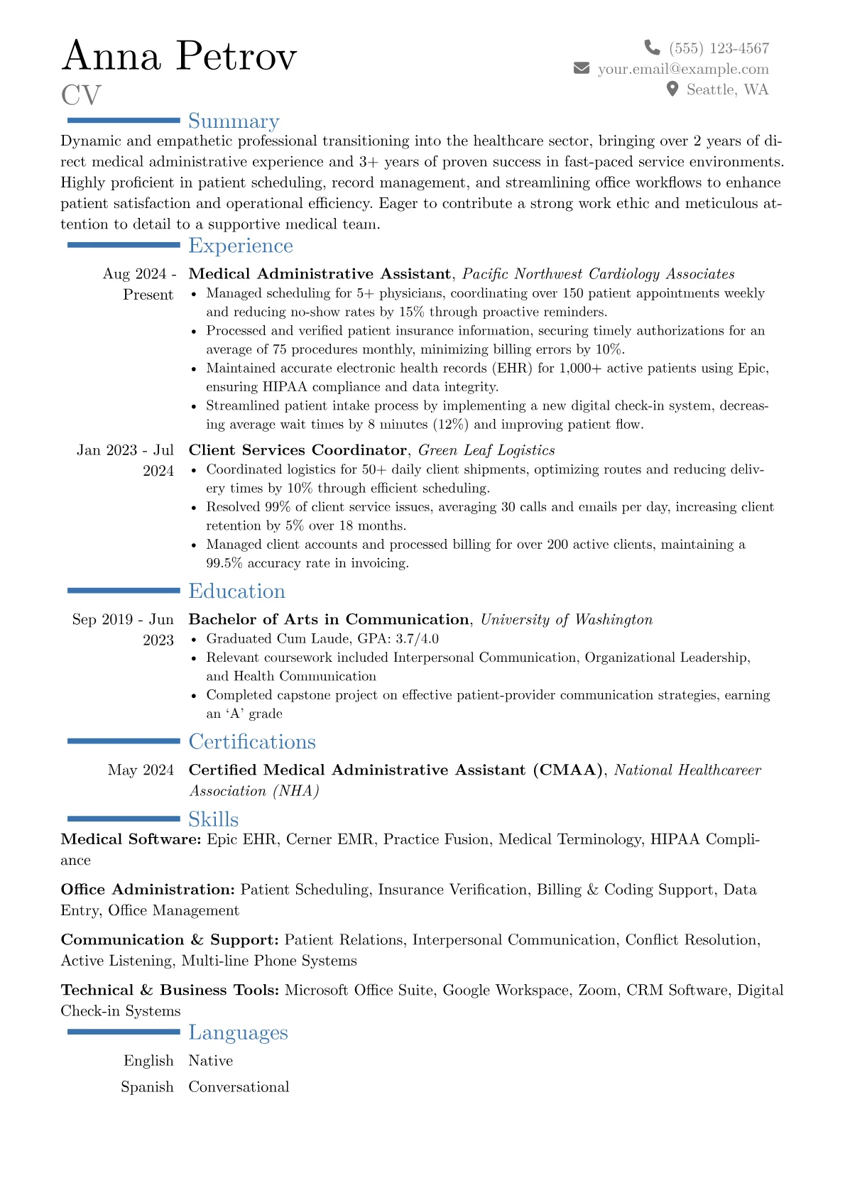Entry-Level Medical Administrative Assistant resume example, Career changer, page 1
