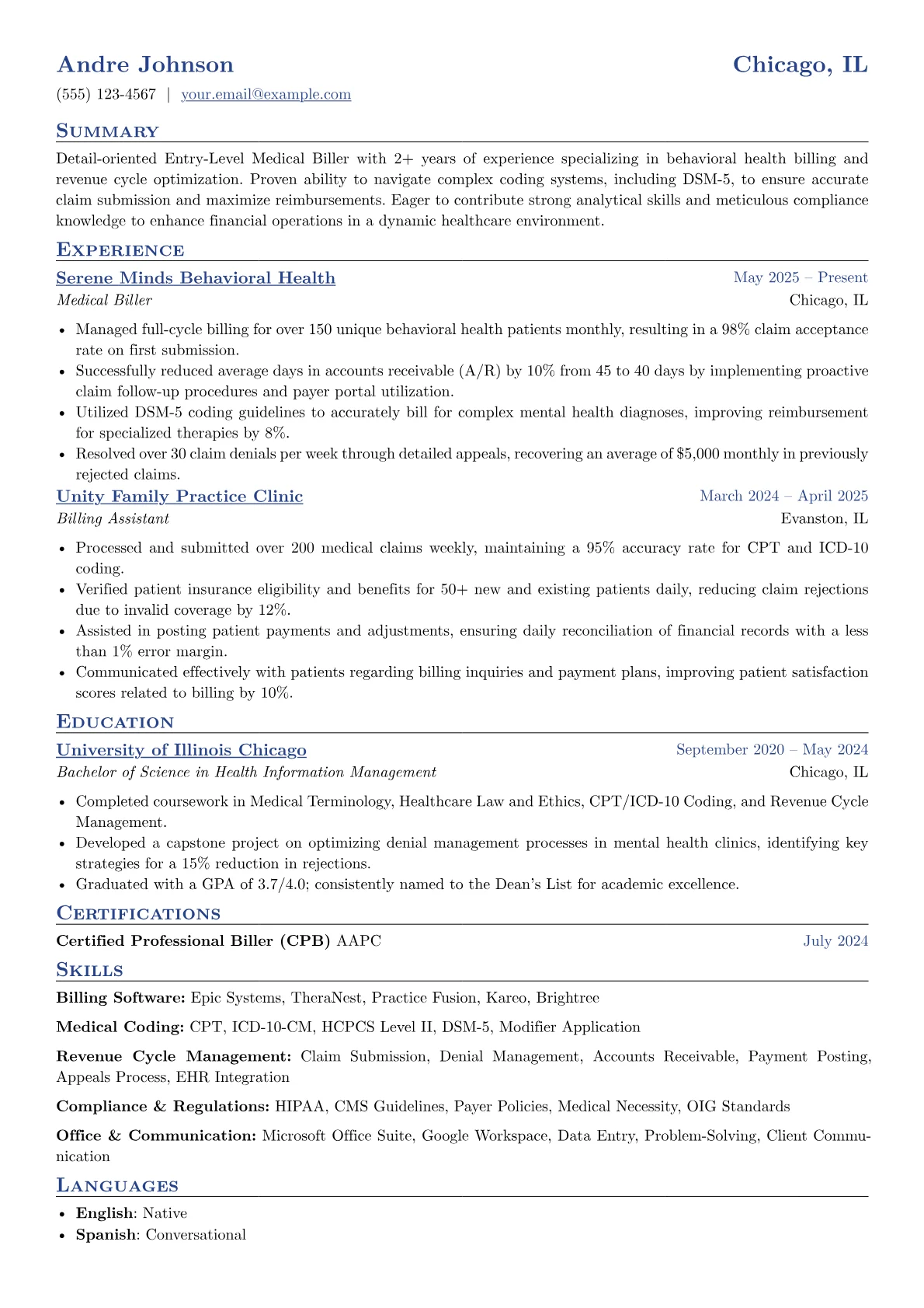 Entry-Level Medical Biller resume example, Entry-Level Medical Biller, page 1