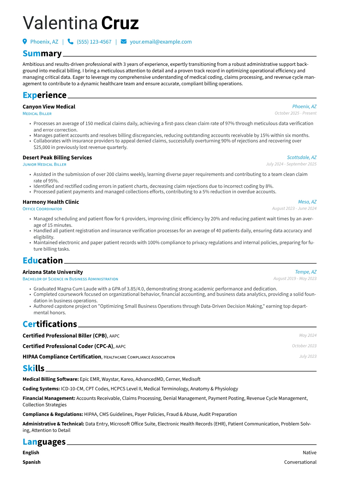 Entry-Level Medical Biller resume example, Career changer, page 1