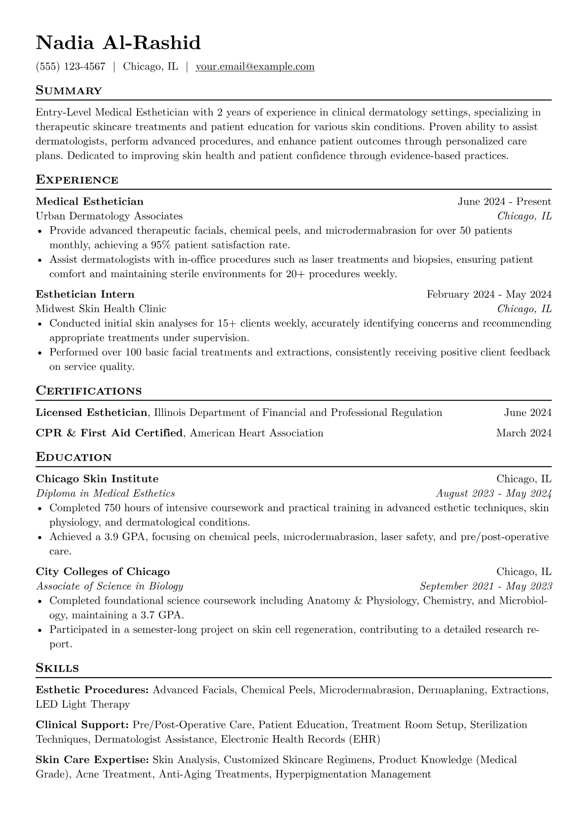 Entry-Level Medical Esthetician resume example, Medical Esthetician, page 1