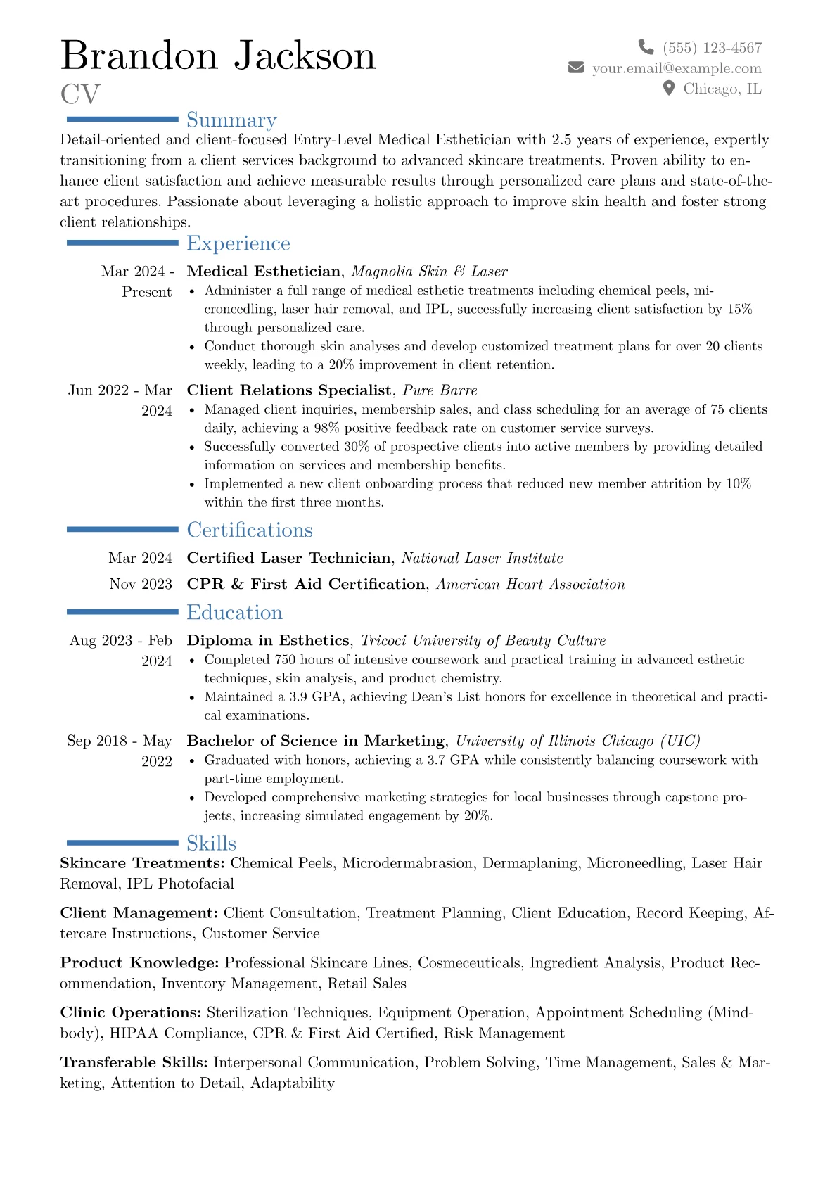 Entry-Level Medical Esthetician resume example, Career changer, page 1