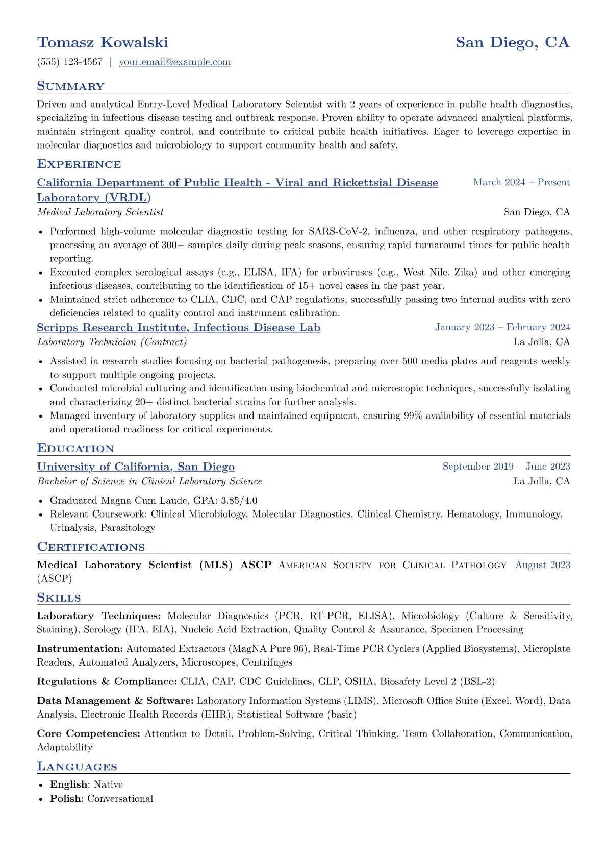 Entry-Level Medical Laboratory Scientist resume example, Entry-Level Medical, page 1