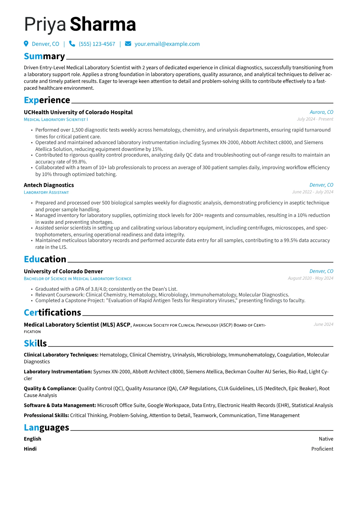 Entry-Level Medical Laboratory Scientist resume example, Career changer, page 1