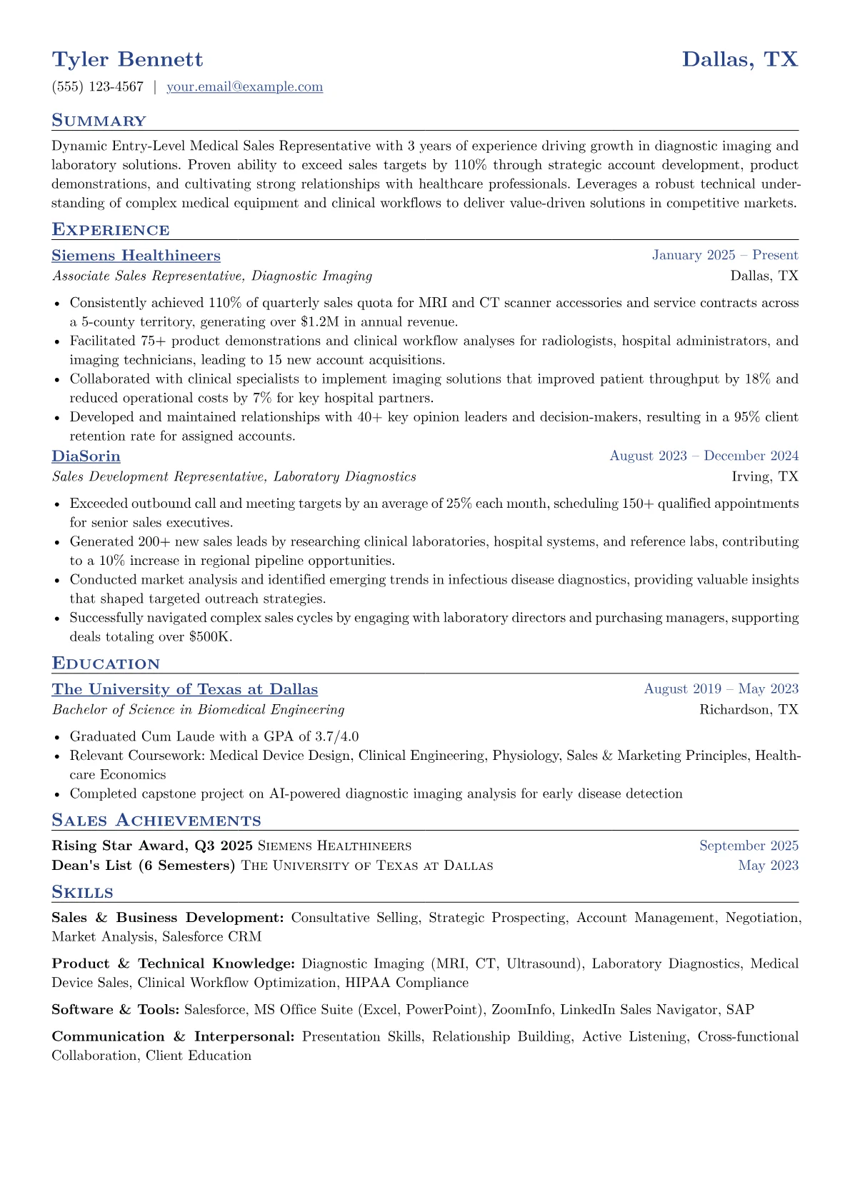 Entry-Level Medical Sales Representative resume example, Diagnostic Imaging Focus, page 1