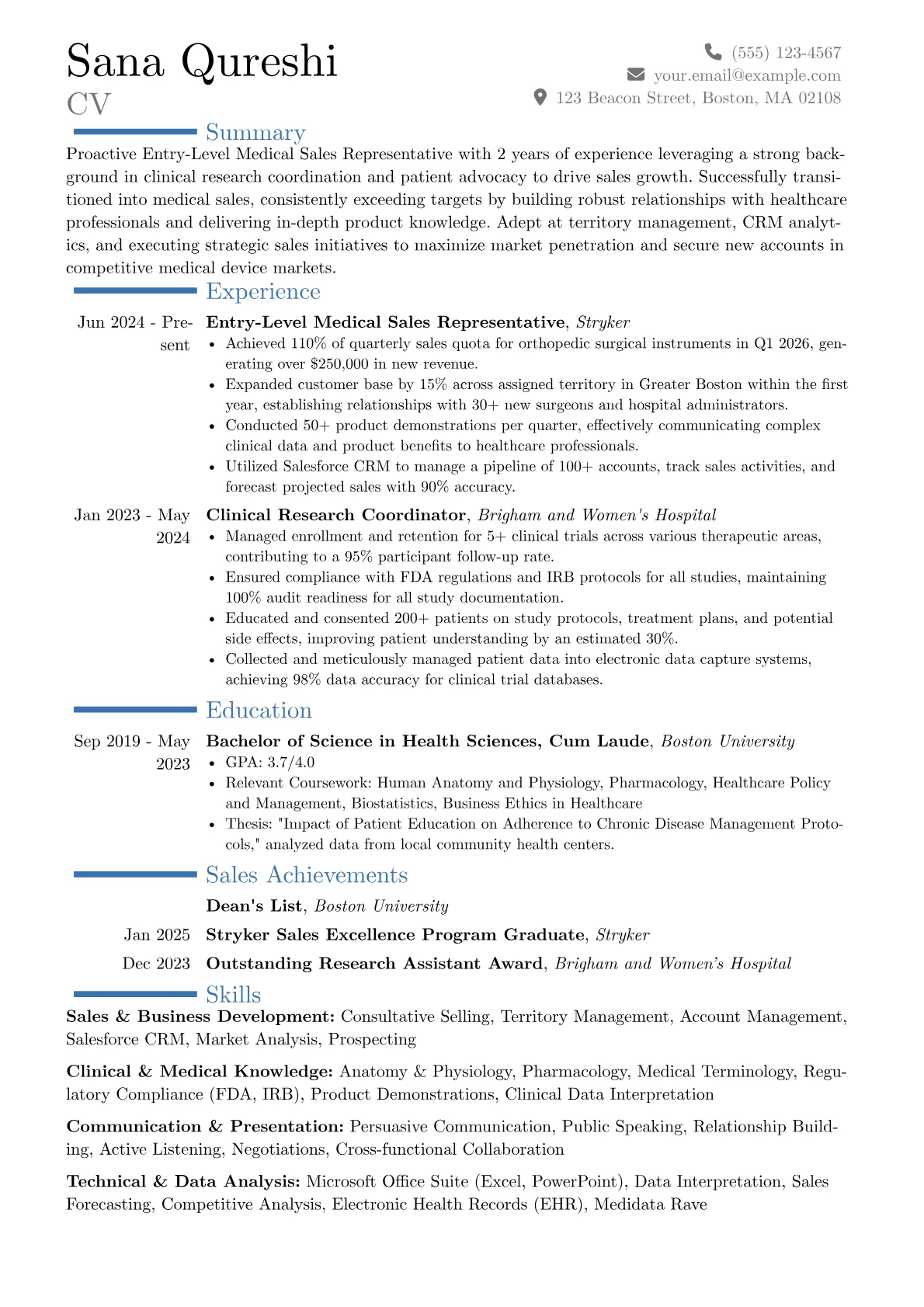 Entry-Level Medical Sales Representative resume example, Career changer, page 1