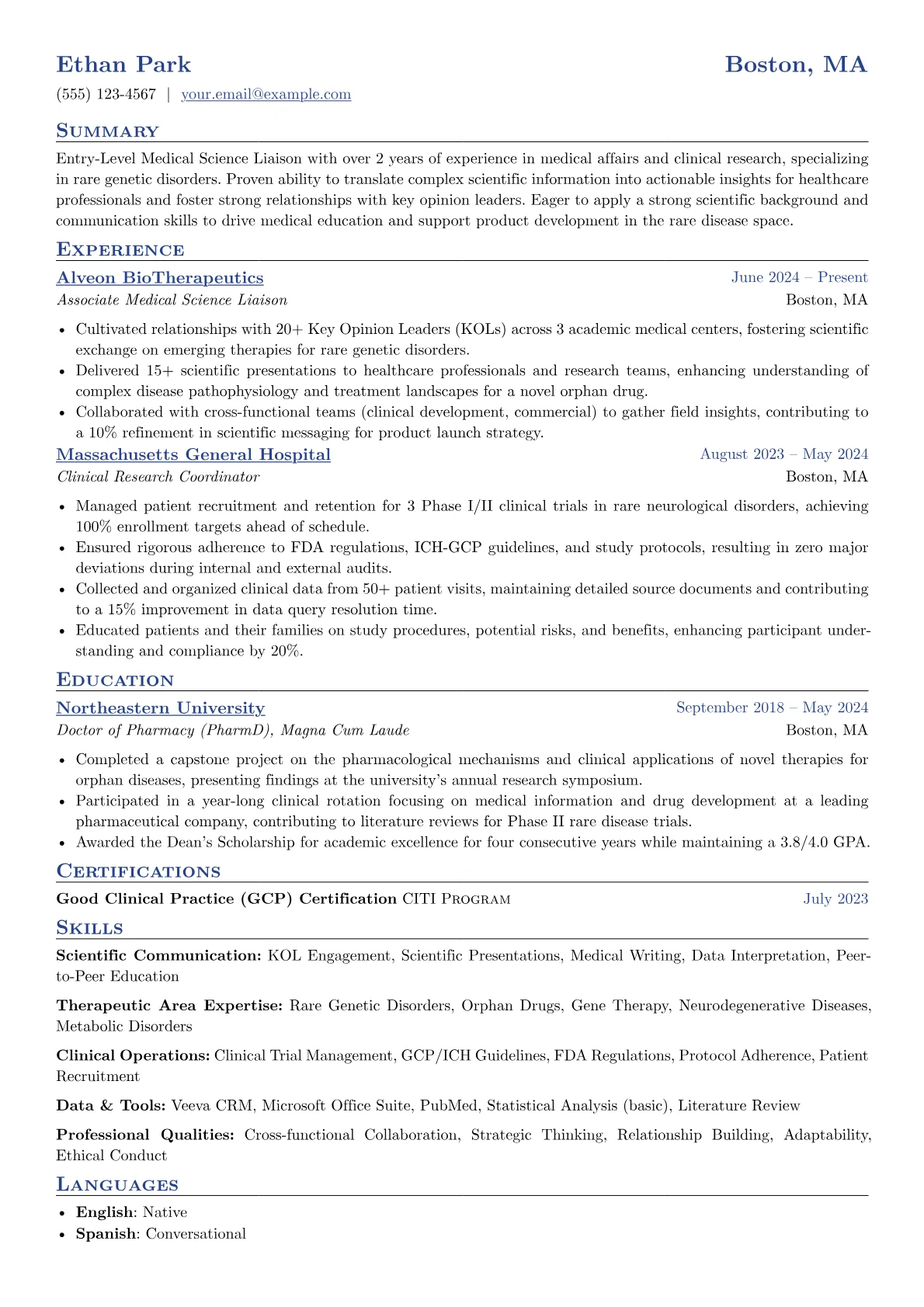 Entry-Level Medical Science Liaison resume example, Entry-Level Medical, page 1