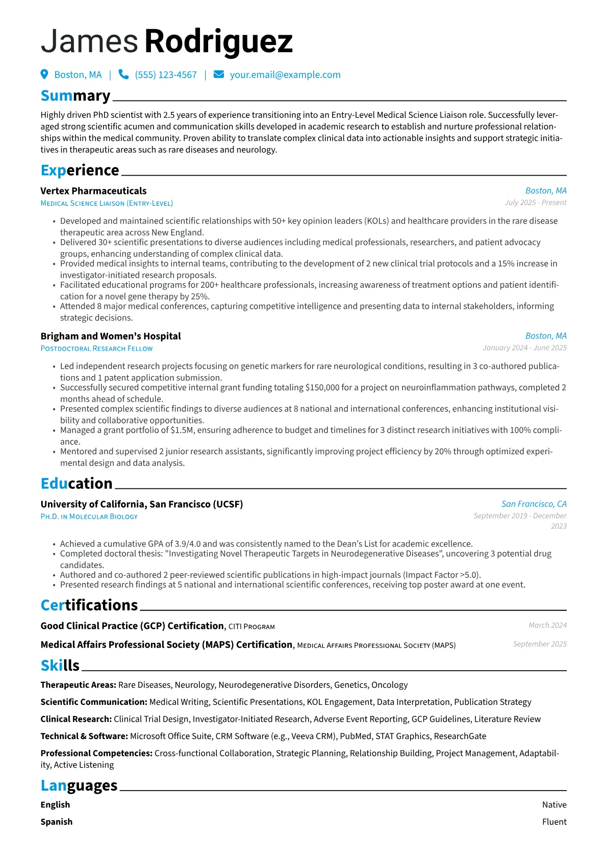 Entry-Level Medical Science Liaison resume example, Career changer, page 1