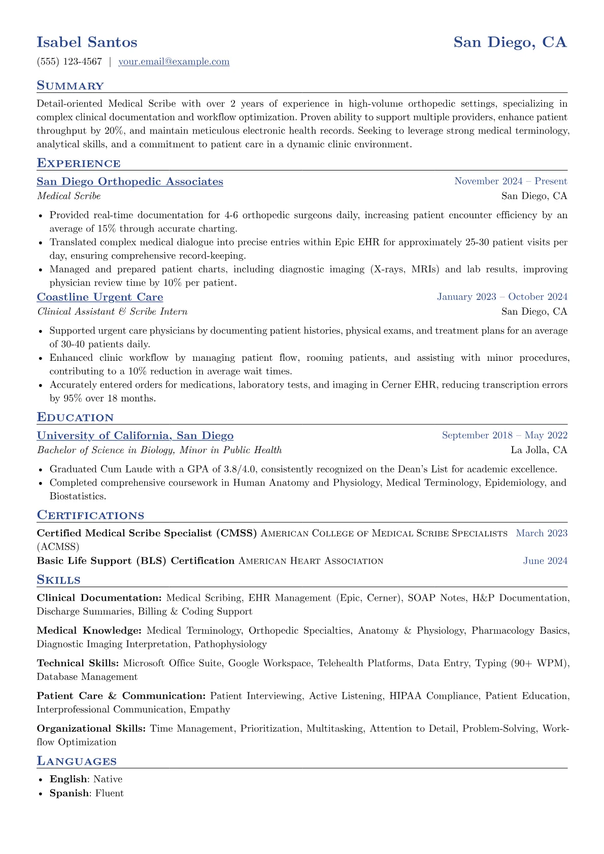 Entry-Level Medical Scribe resume example, Orthopedic Specialty, page 1