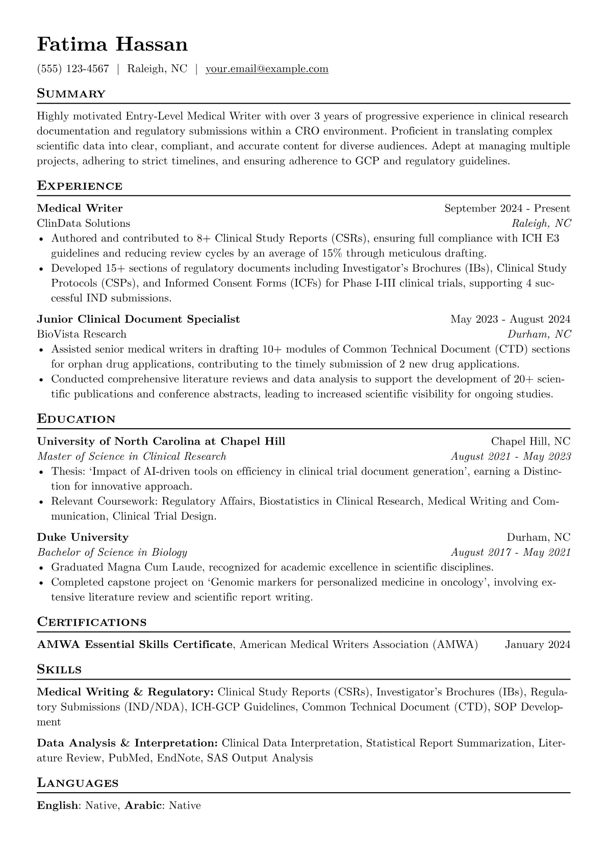 Entry-Level Medical Writer resume example, Entry-Level Medical Writer, page 1
