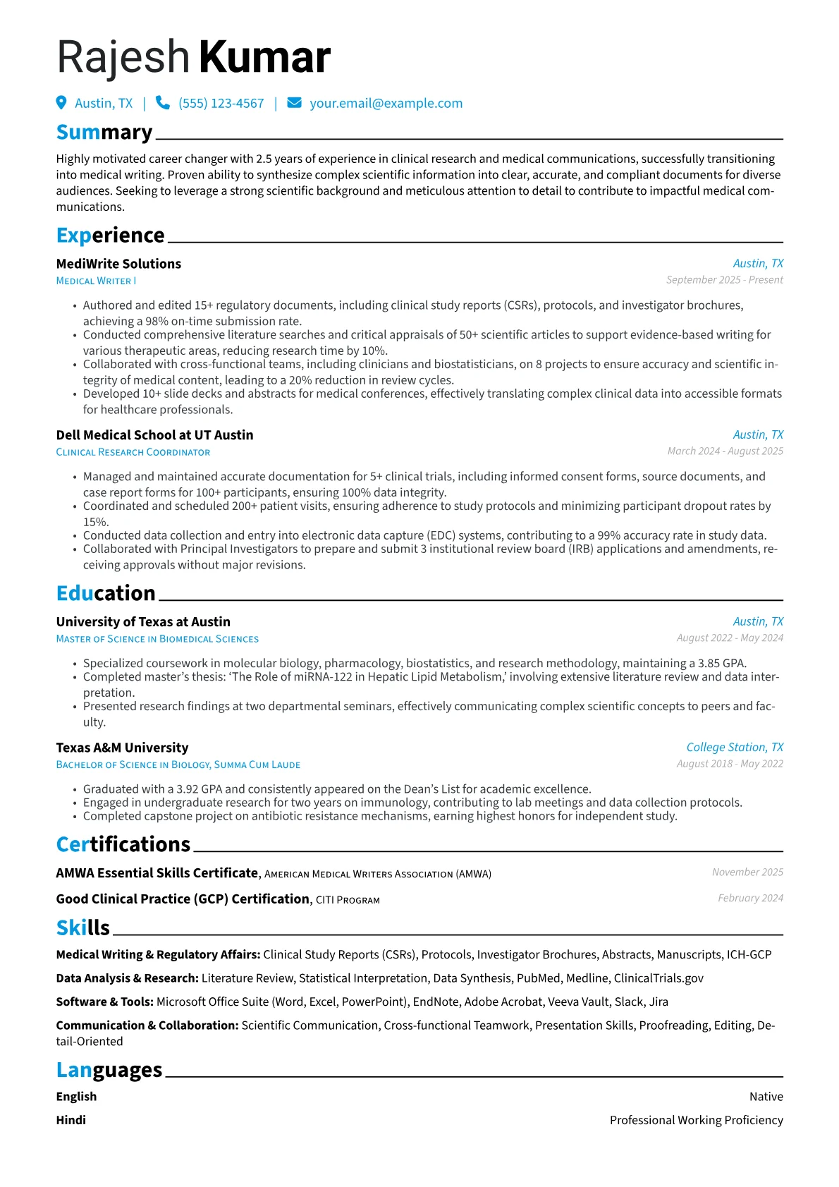 Entry-Level Medical Writer resume example, Career changer, page 1
