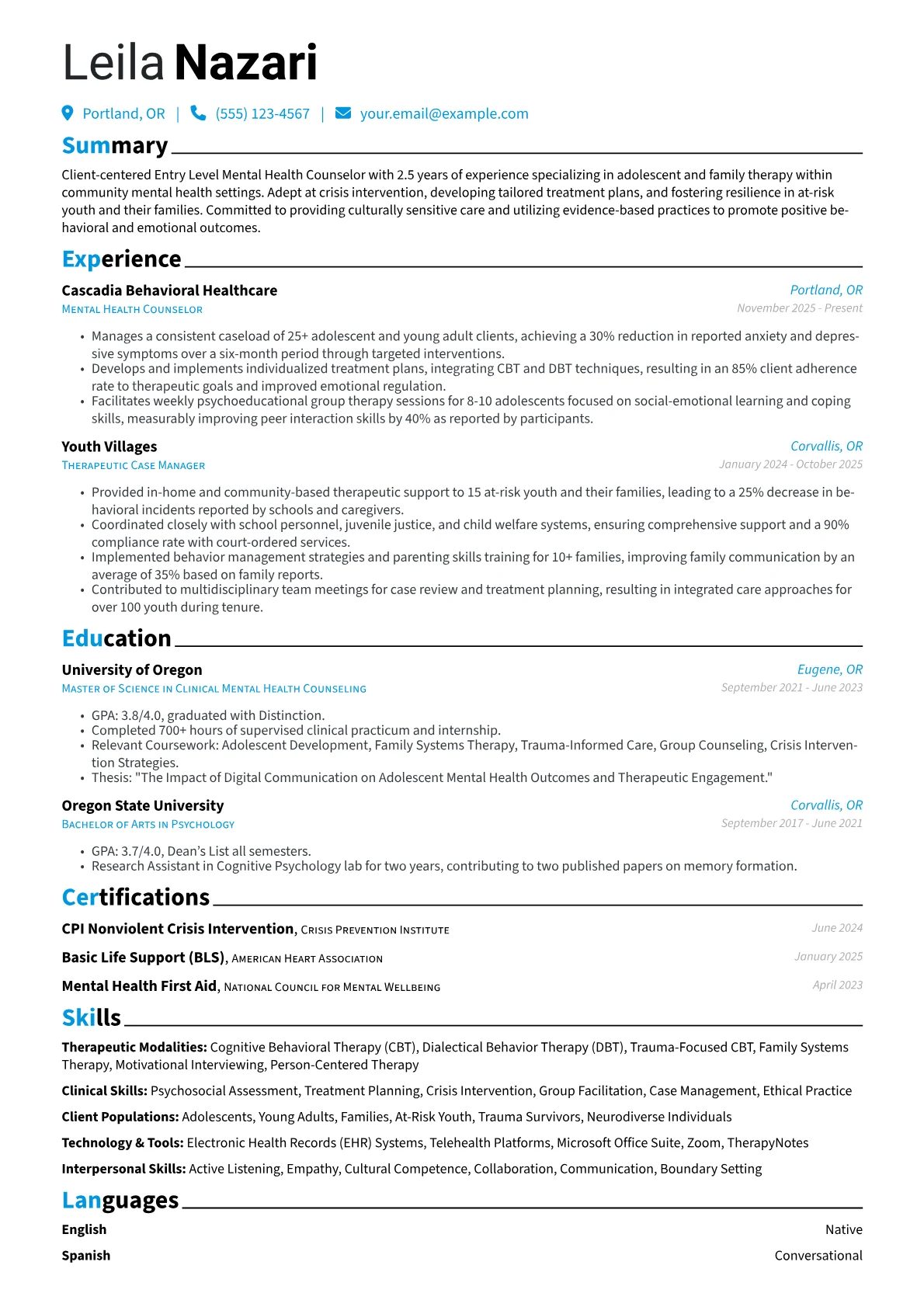 Entry Level Mental Health Counselor resume example, Adolescent and Family, page 1