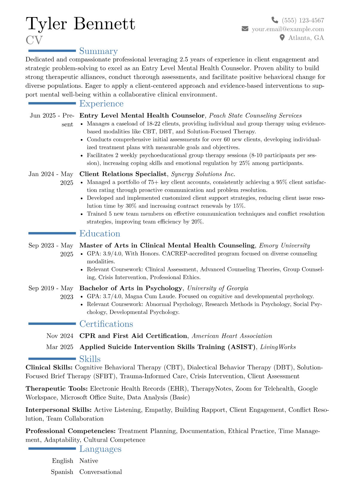 Entry Level Mental Health Counselor resume example, Career changer, page 1