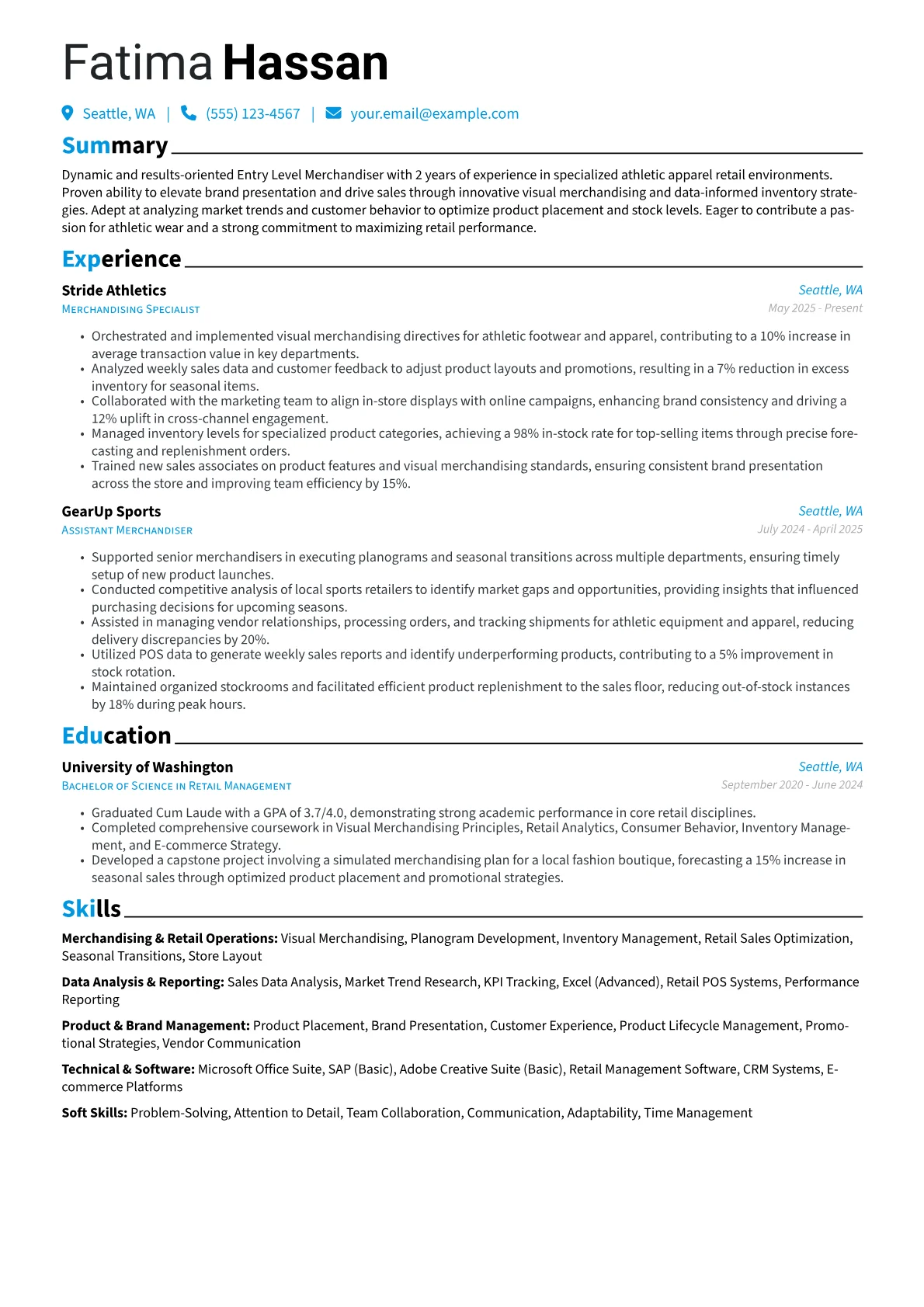 Entry Level Merchandiser resume example, Entry Level Merchandiser, page 1