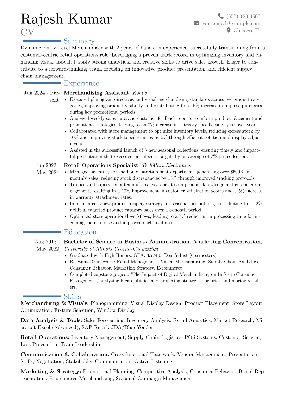 Entry Level Merchandiser resume example, Career changer, page 1