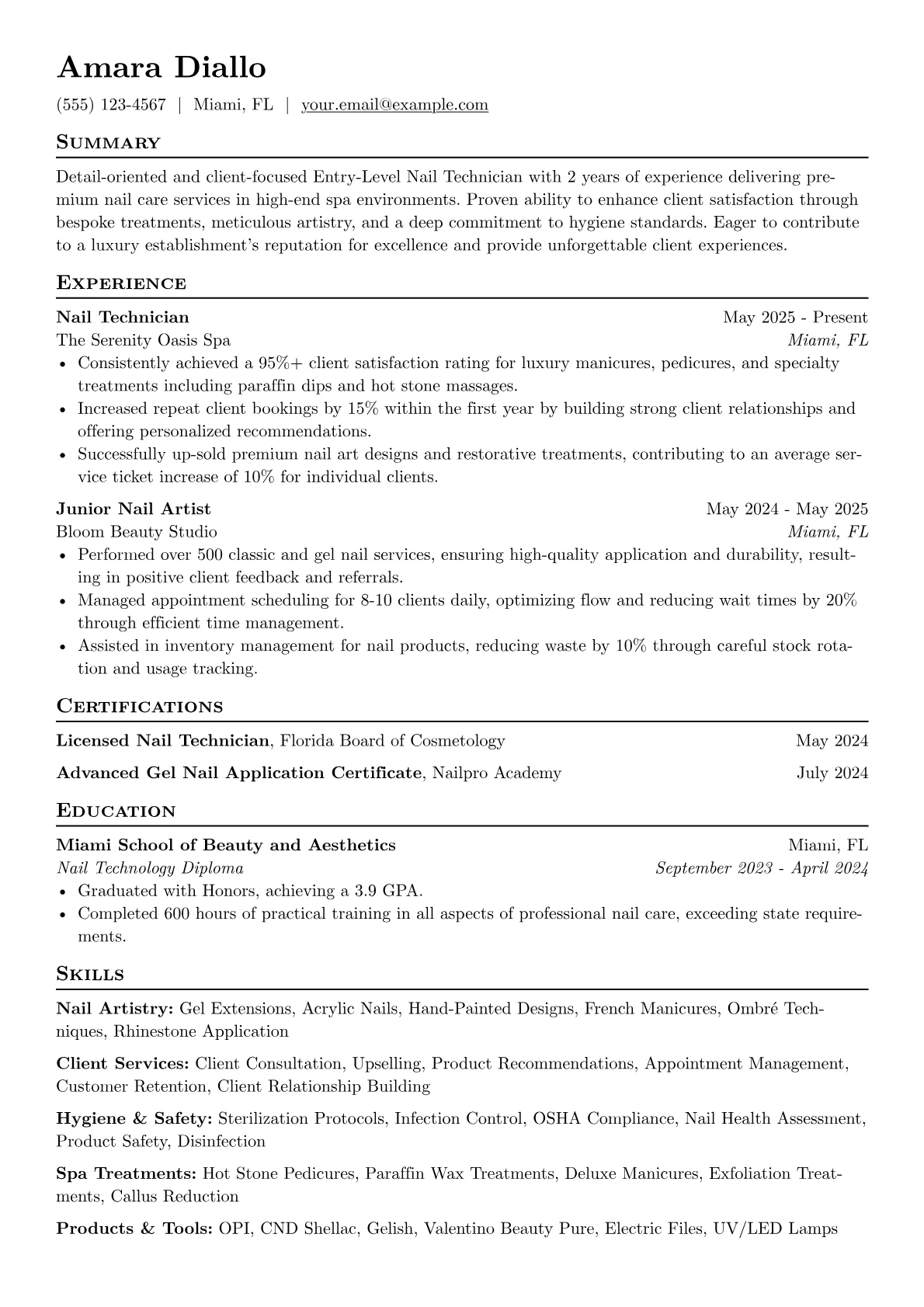 Entry-Level Nail Technician resume example, Luxury Spa Specialist, page 1