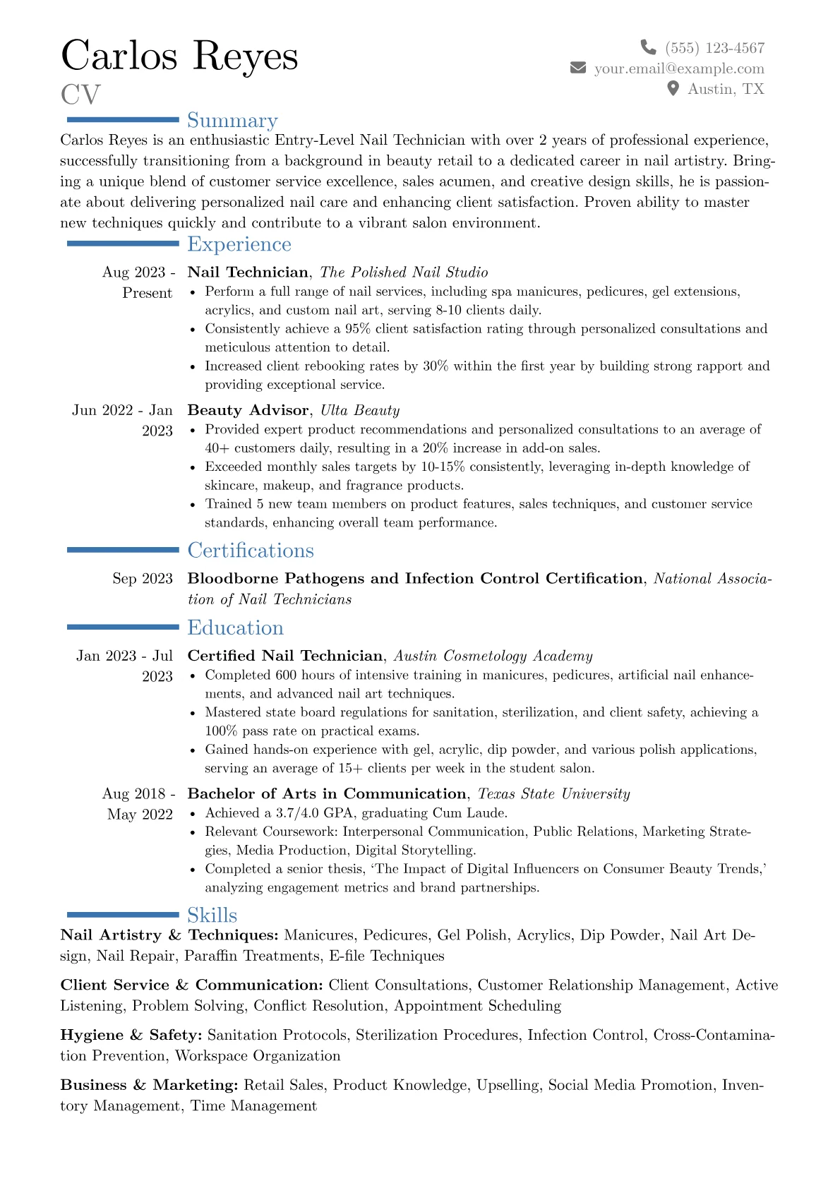 Entry-Level Nail Technician resume example, Career changer, page 1