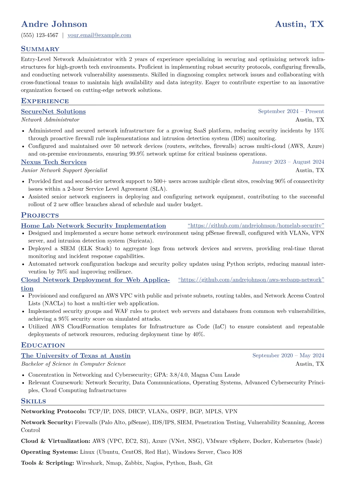Entry-Level Network Administrator resume example, Network Security, page 1