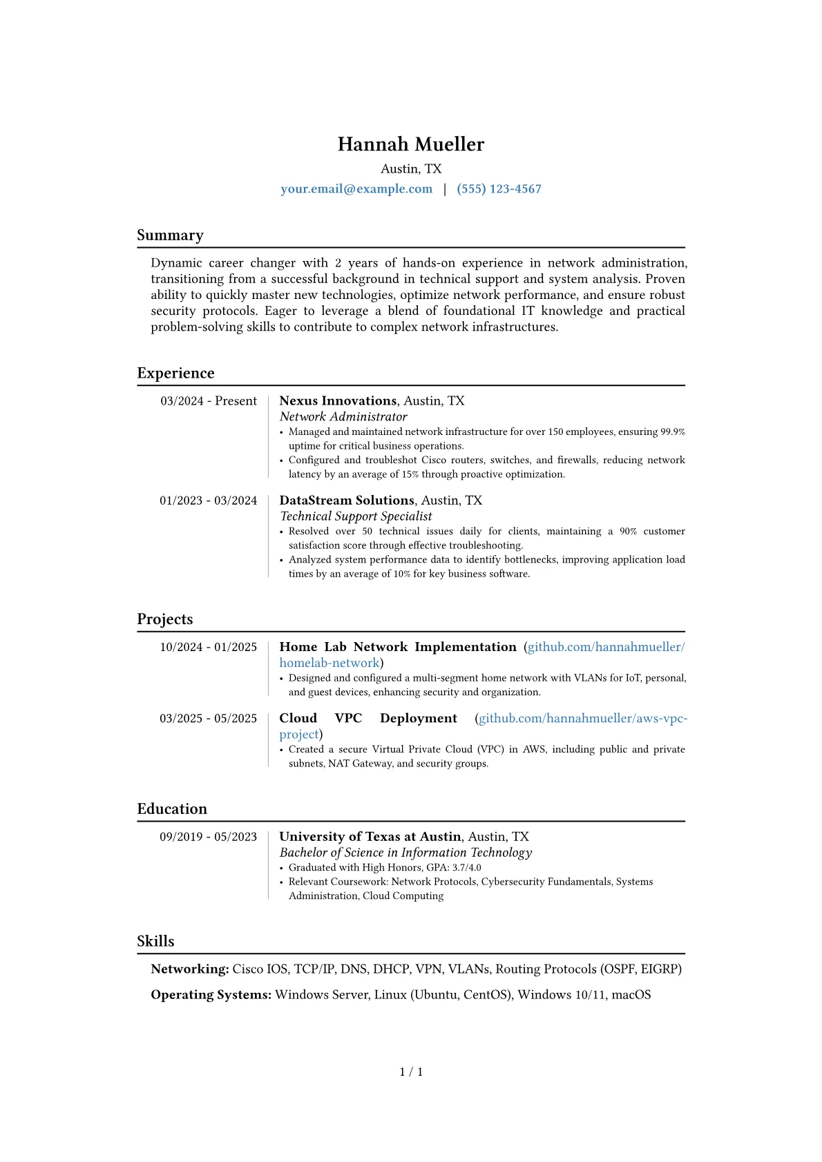 Entry-Level Network Administrator resume example, Career changer, page 1
