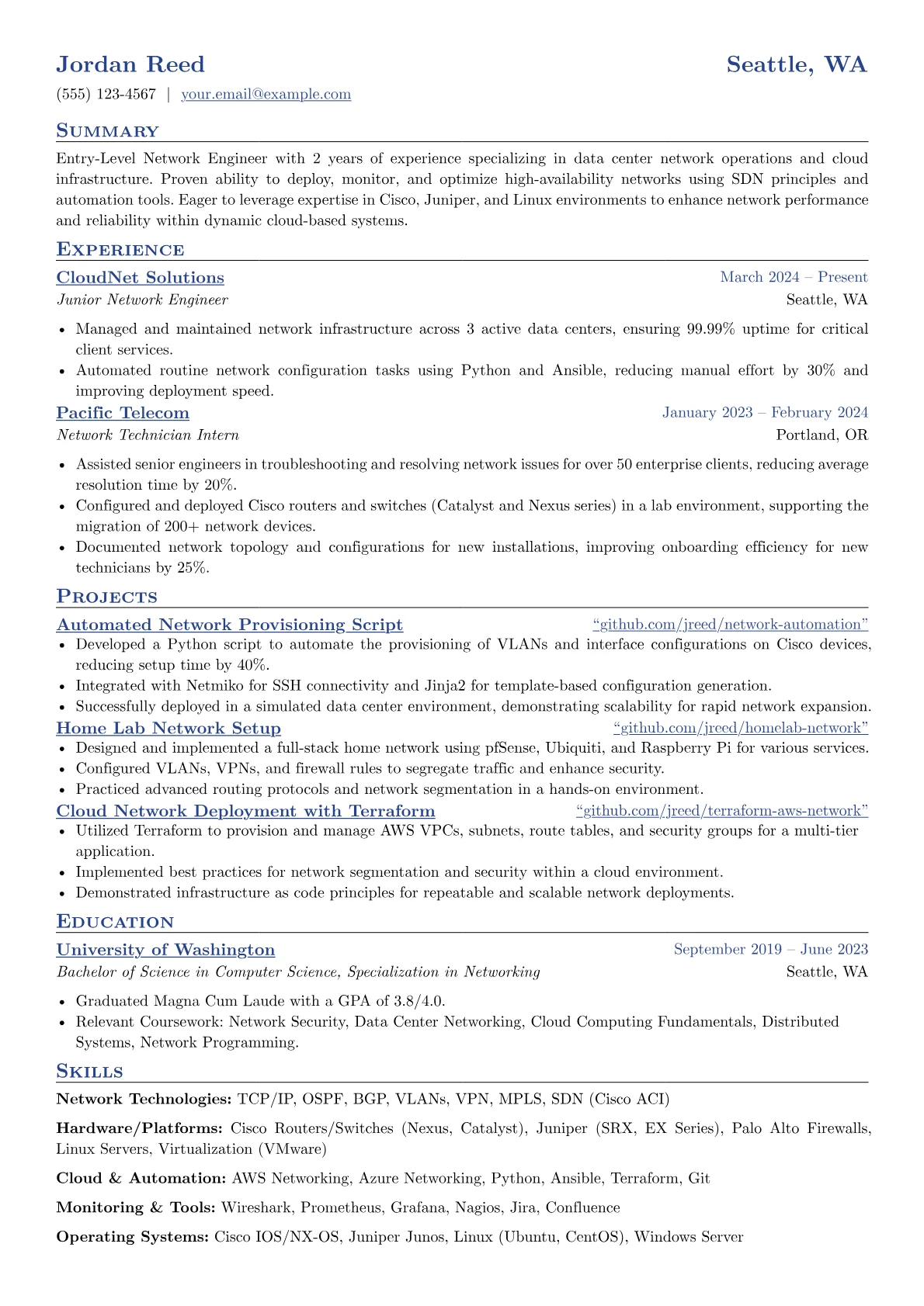 Entry-Level Network Engineer resume example, Entry-Level Network, page 1