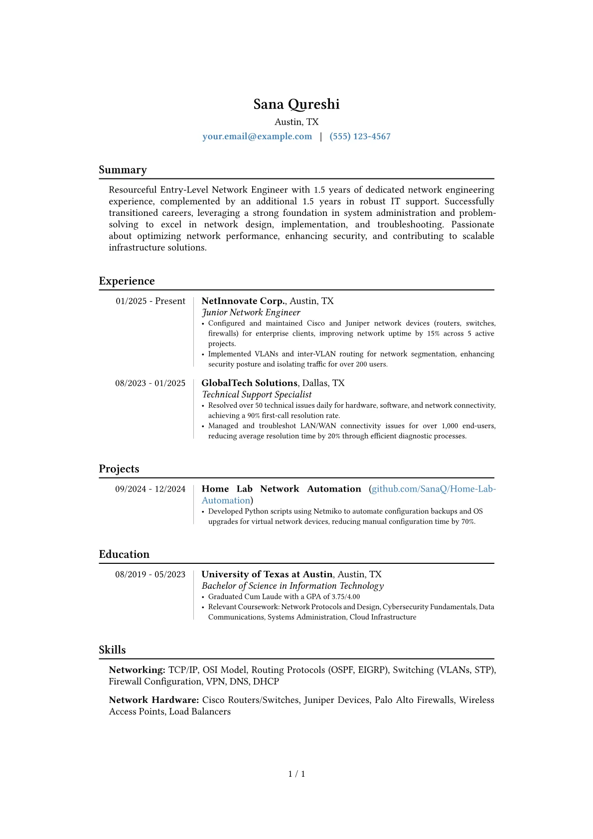 Entry-Level Network Engineer resume example, Career changer, page 1