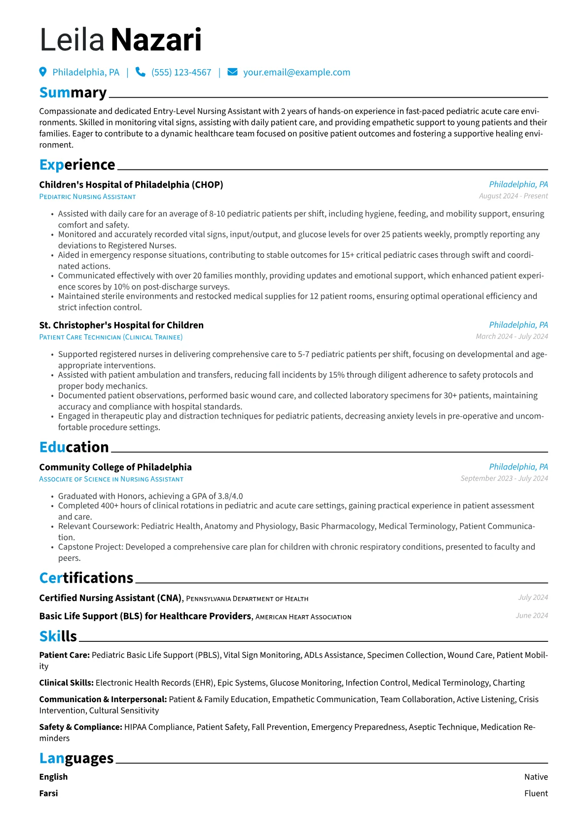 Entry-Level Nursing Assistant resume example, Entry-Level Nursing, page 1