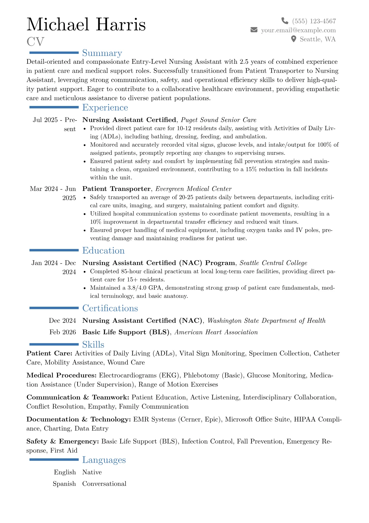 Entry-Level Nursing Assistant resume example, Career changer, page 1