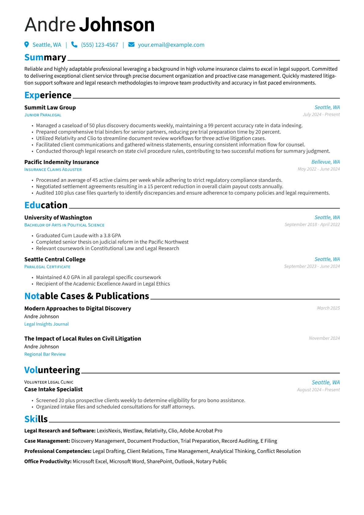 Entry-Level Paralegal resume example, Career changer, page 1