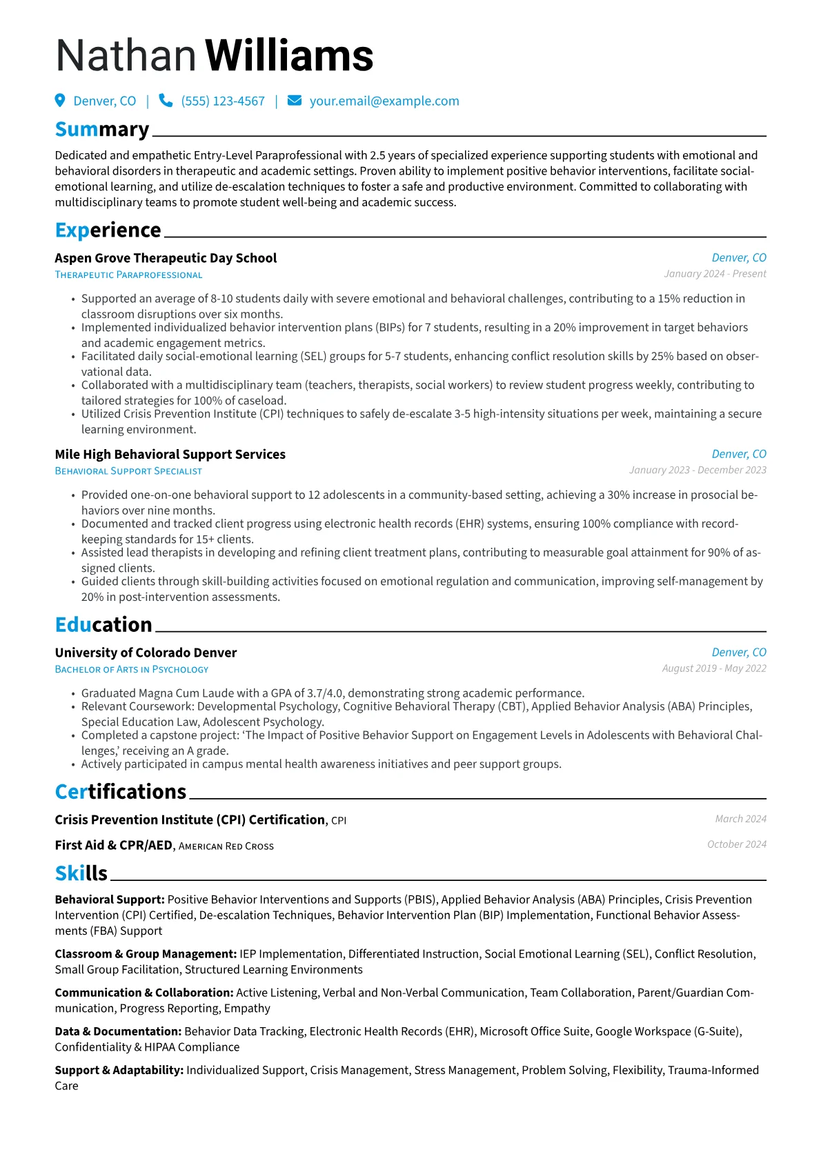 Entry-Level Paraprofessional resume example, Entry-Level, page 1