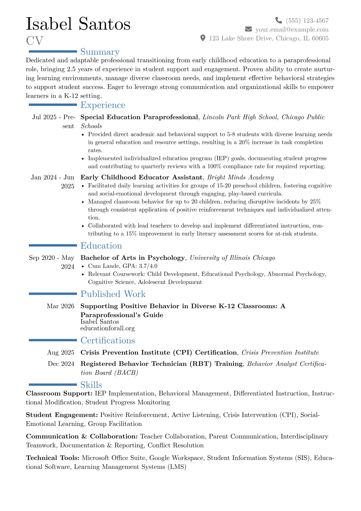 Entry-Level Paraprofessional resume example, Career changer, page 1