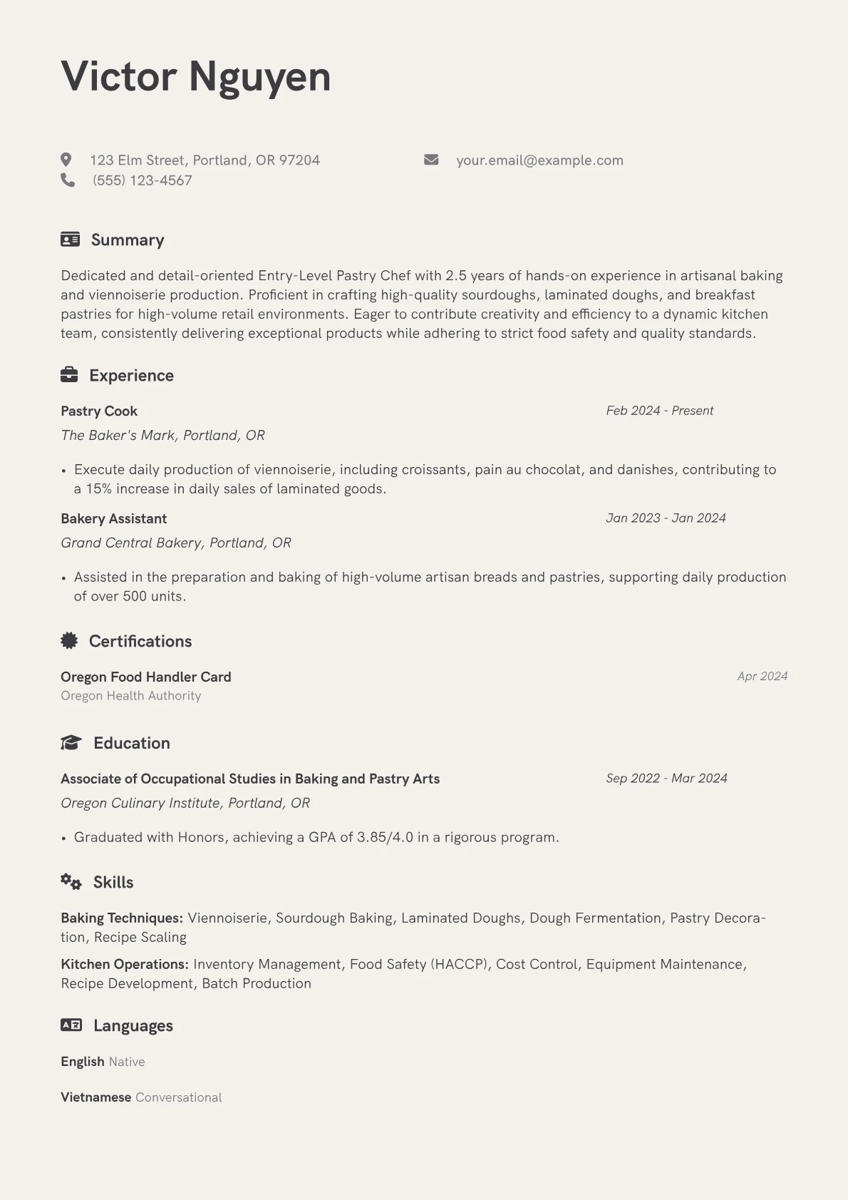 Entry-Level Pastry Chef resume example, Artisanal Baker, page 1