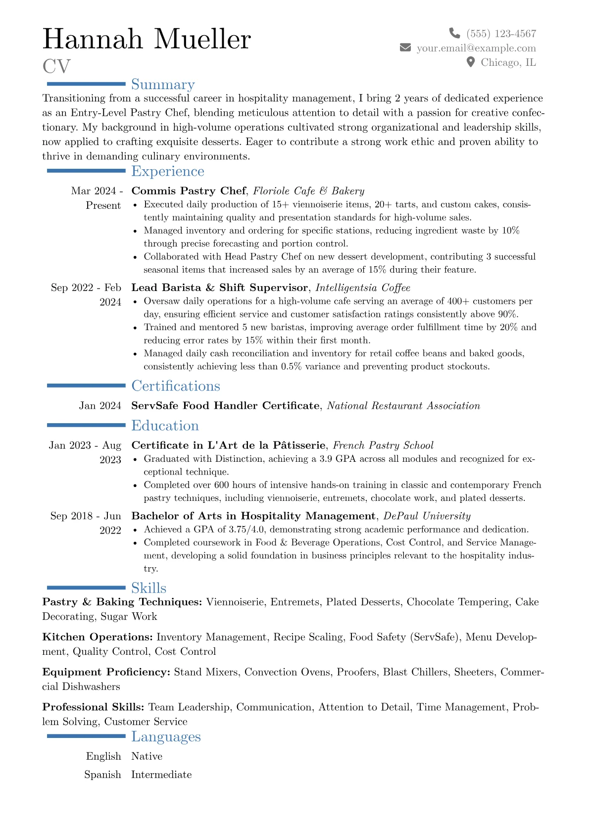 Entry-Level Pastry Chef resume example, Career changer, page 1
