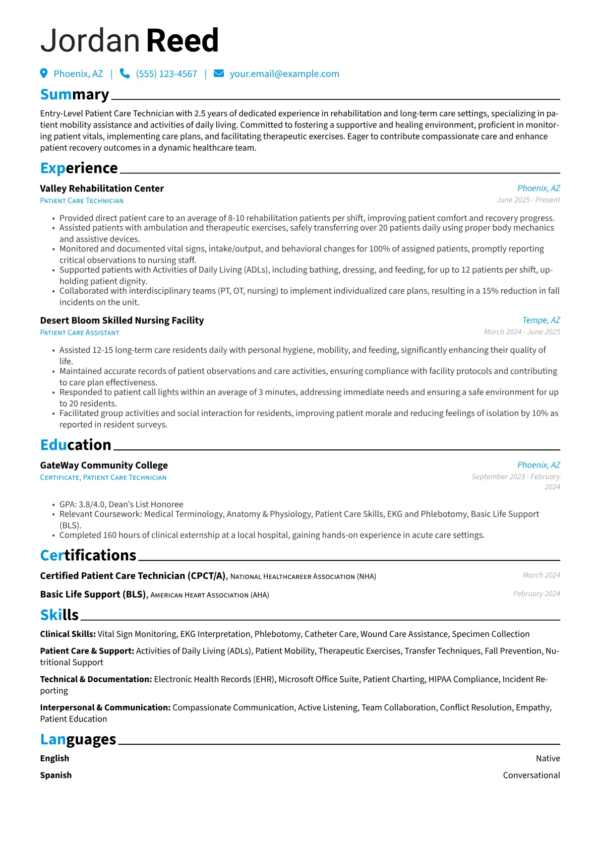 Entry-Level Patient Care Technician resume example, Rehabilitation & Long-Term, page 1