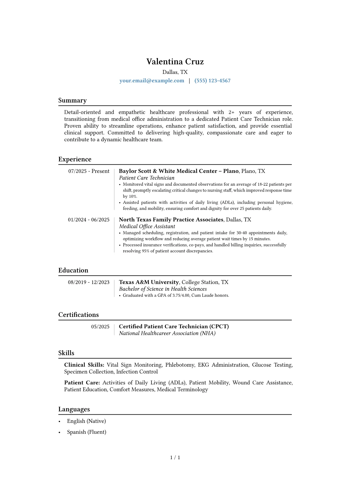 Entry-Level Patient Care Technician resume example, Career changer, page 1