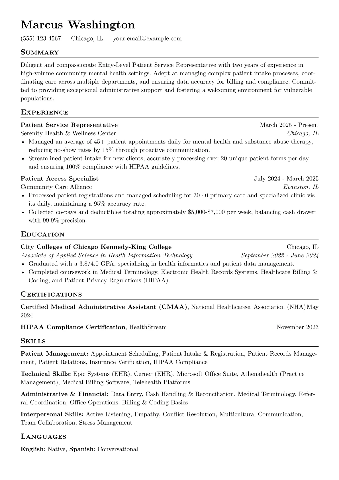 Entry-Level Patient Service Representative resume example, Community Mental Health, page 1