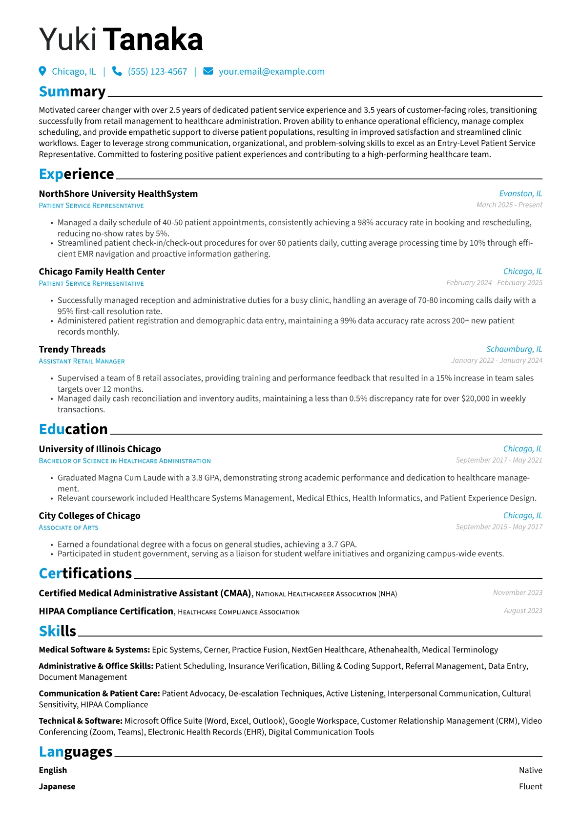 Entry-Level Patient Service Representative resume example, Career changer, page 1