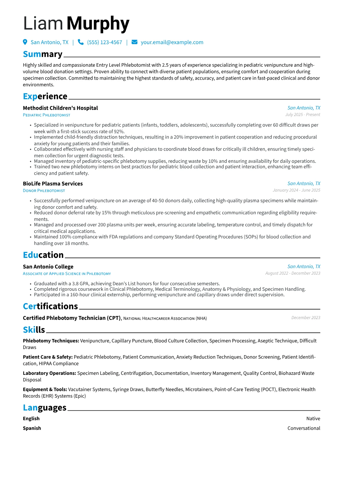 Entry Level Phlebotomist resume example, Pediatric & Donation, page 1