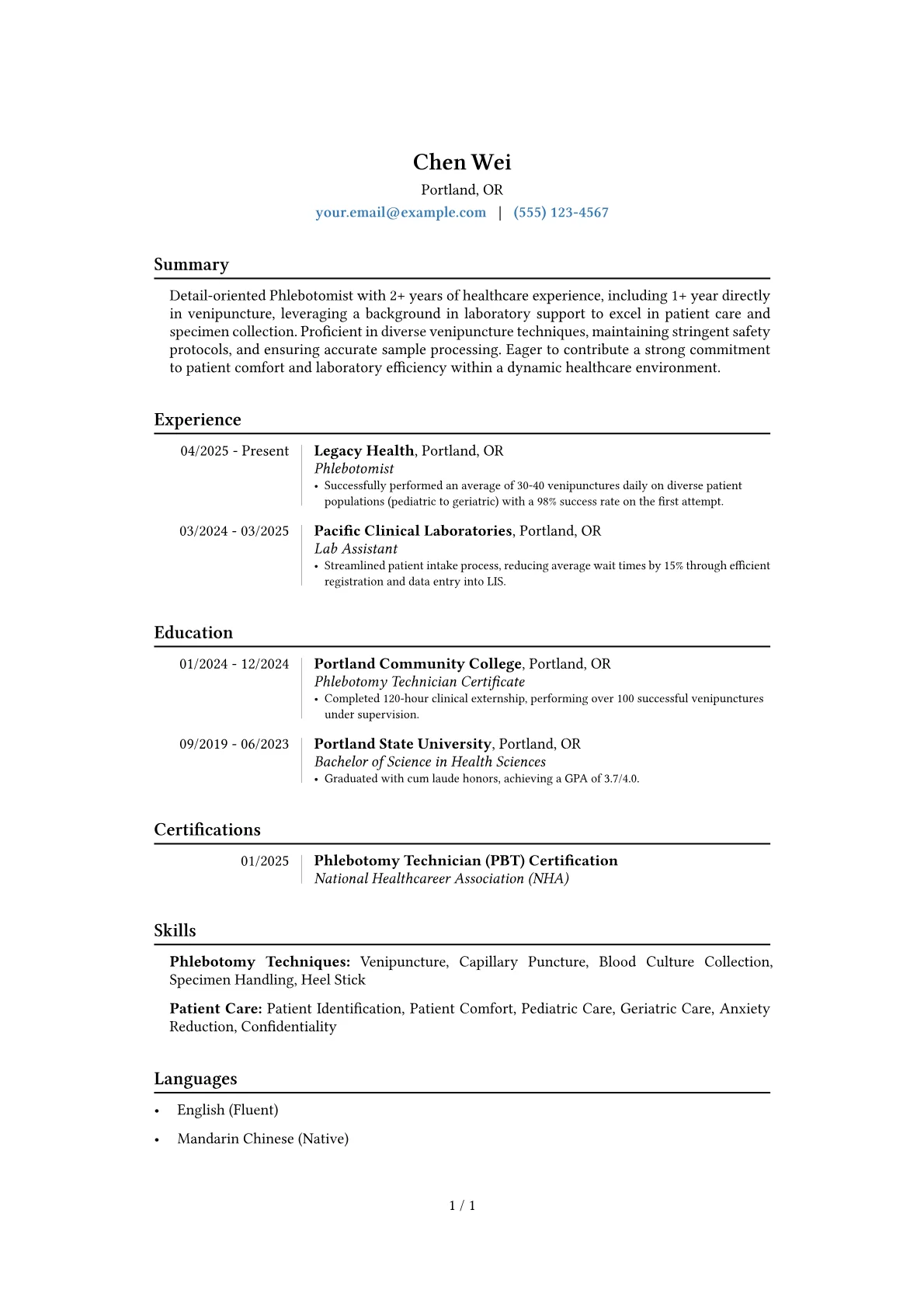 Entry Level Phlebotomist resume example, Career changer, page 1