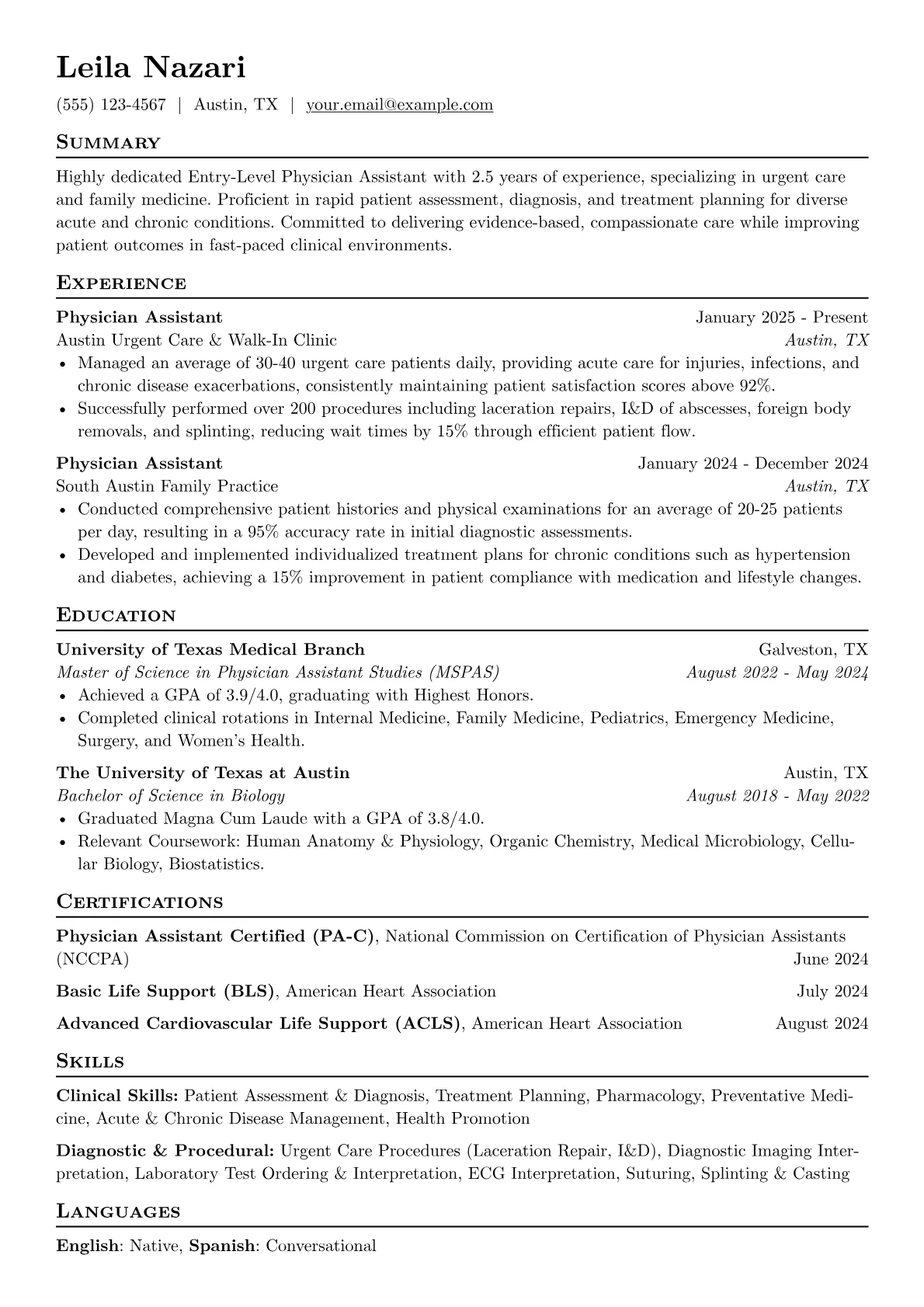 Entry-Level Physician Assistant resume example, Entry-Level Physician, page 1