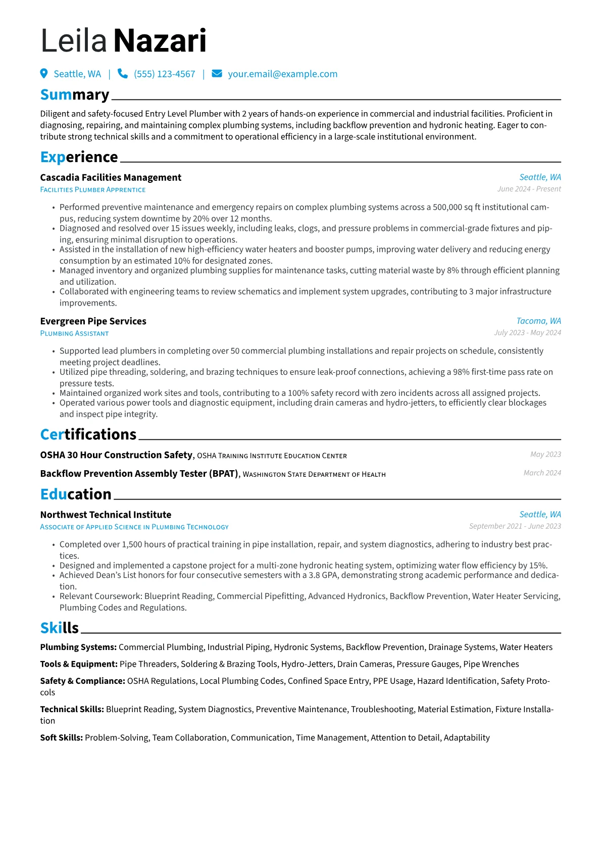 Entry Level Plumber resume example, Institutional Facilities, page 1