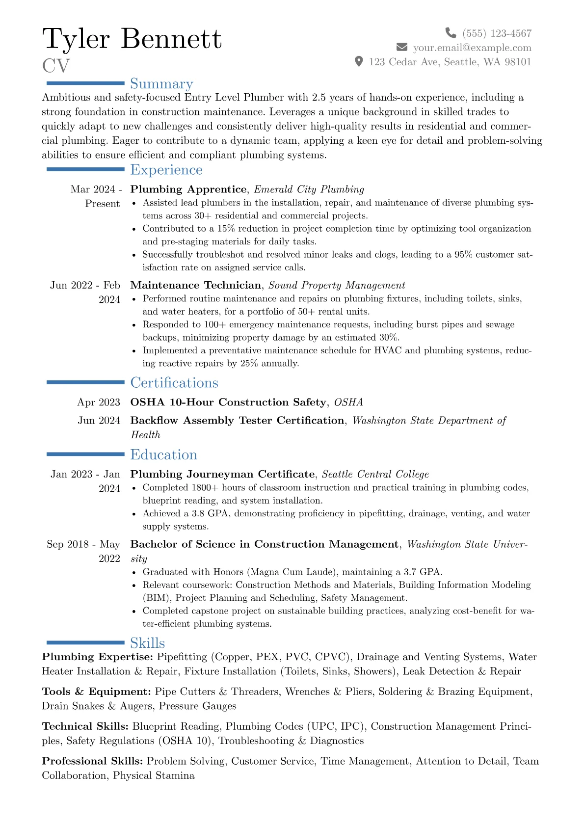 Entry Level Plumber resume example, Career changer, page 1