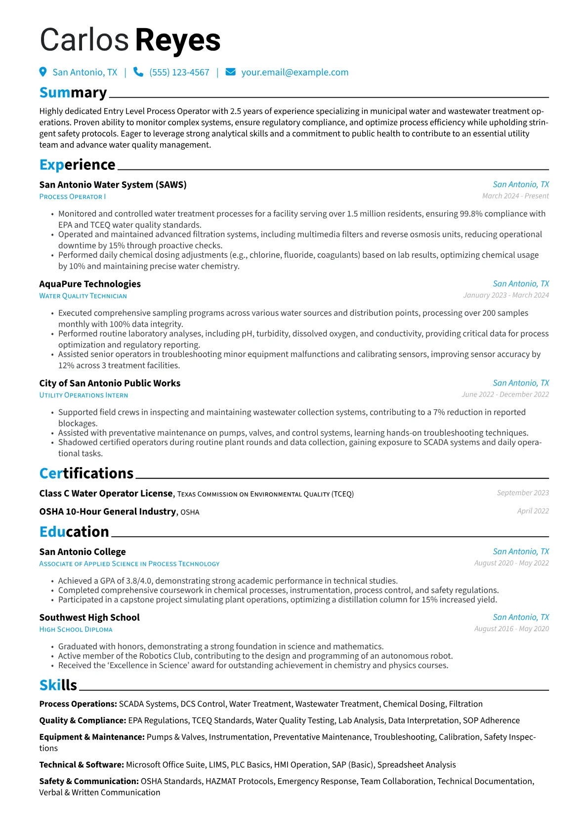 Entry Level Process Operator resume example, Entry Level Process, page 1