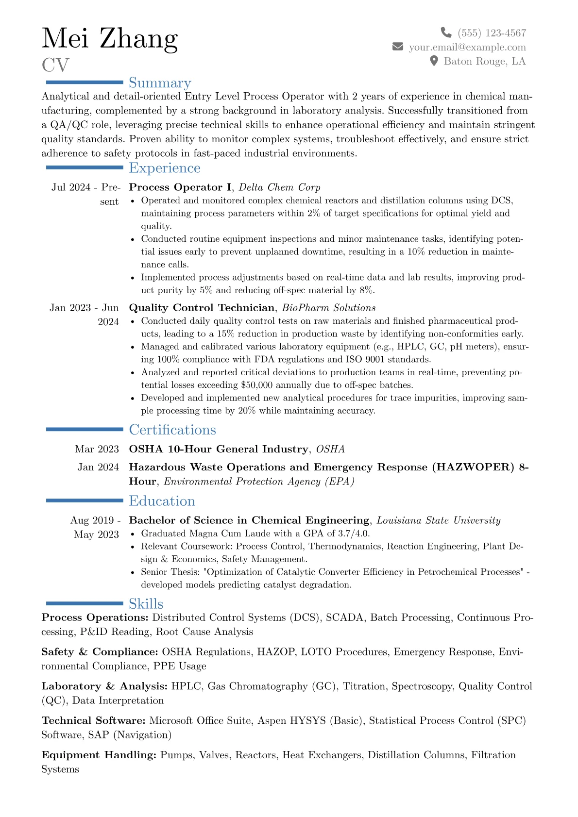 Entry Level Process Operator resume example, Career changer, page 1