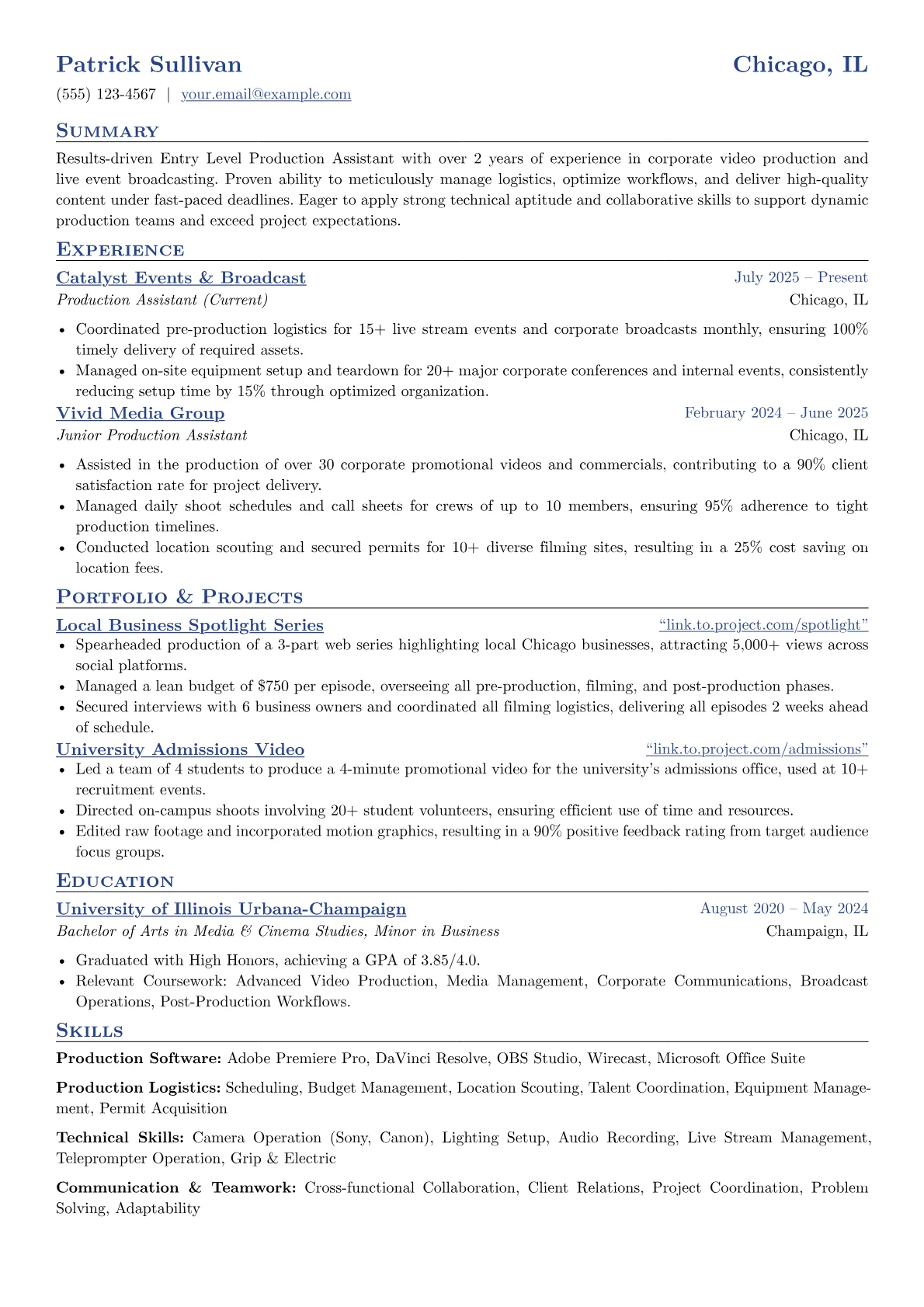 Entry Level Production Assistant resume example, Entry Level Production, page 1